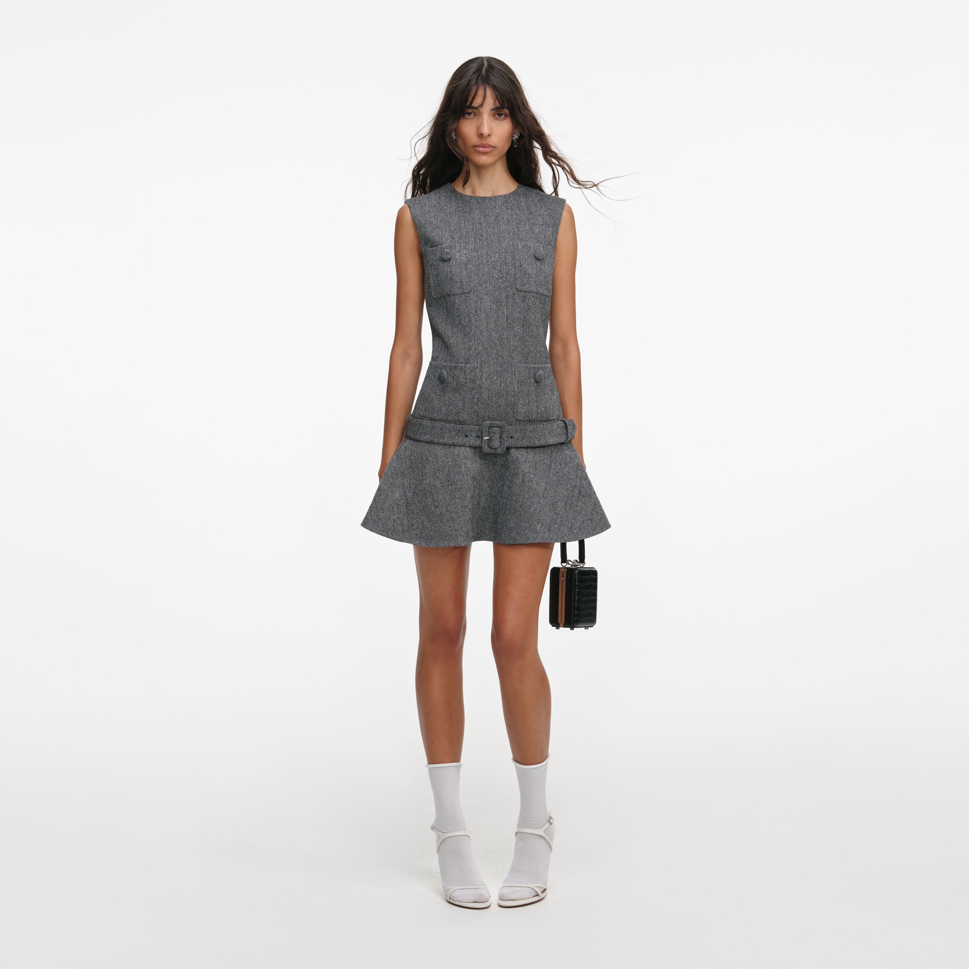 Grey Herringbone Flared Mini Dress self-portrait Grey Herringbone Flared Mini Dress self-portrait