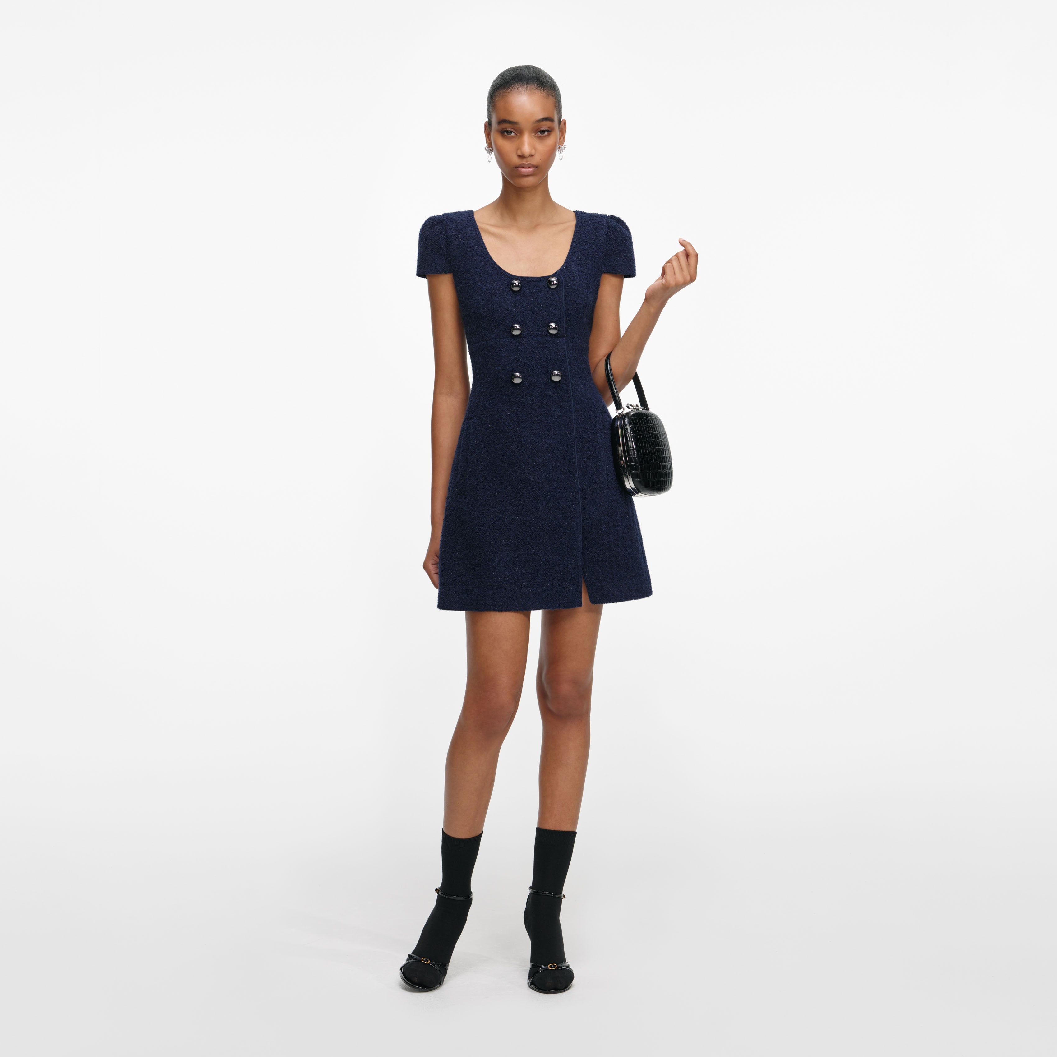 Navy Textured Boucle Mini Dress – self-portrait