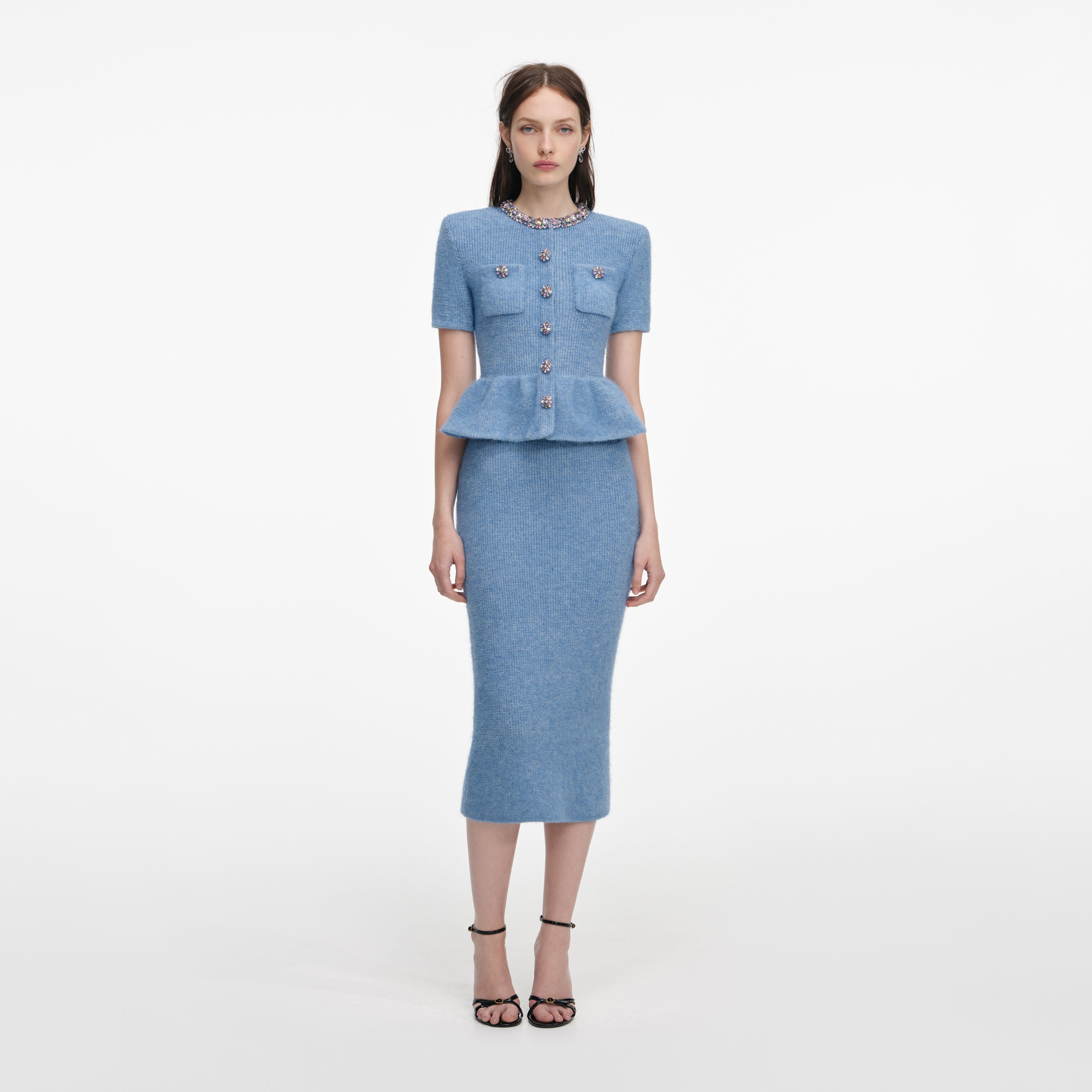 Blue Peplum Knit Midi Dress  self-portrait