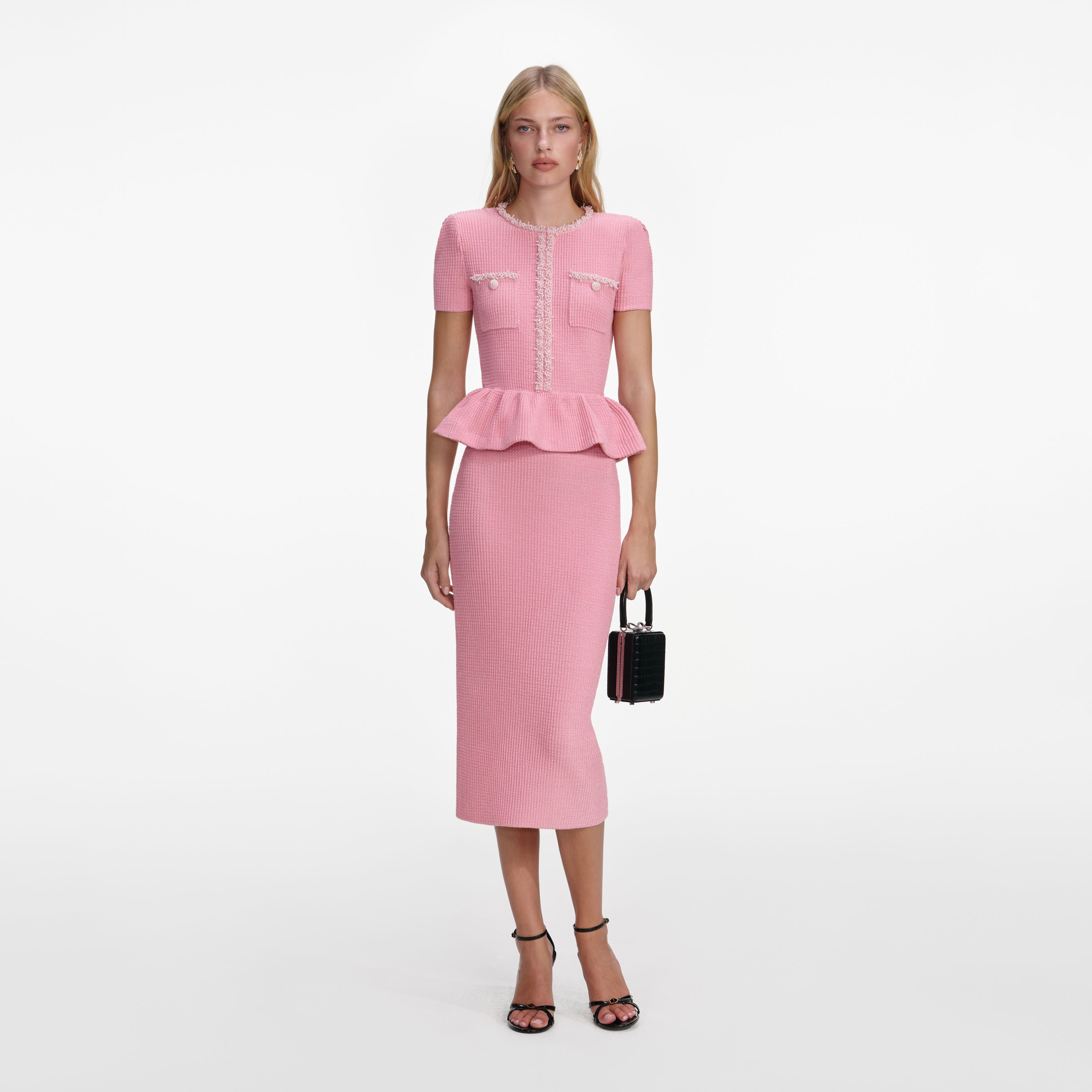 Pink Peplum Knit Midi Dress self-portrait Pink Peplum Knit Midi Dress self-portrait