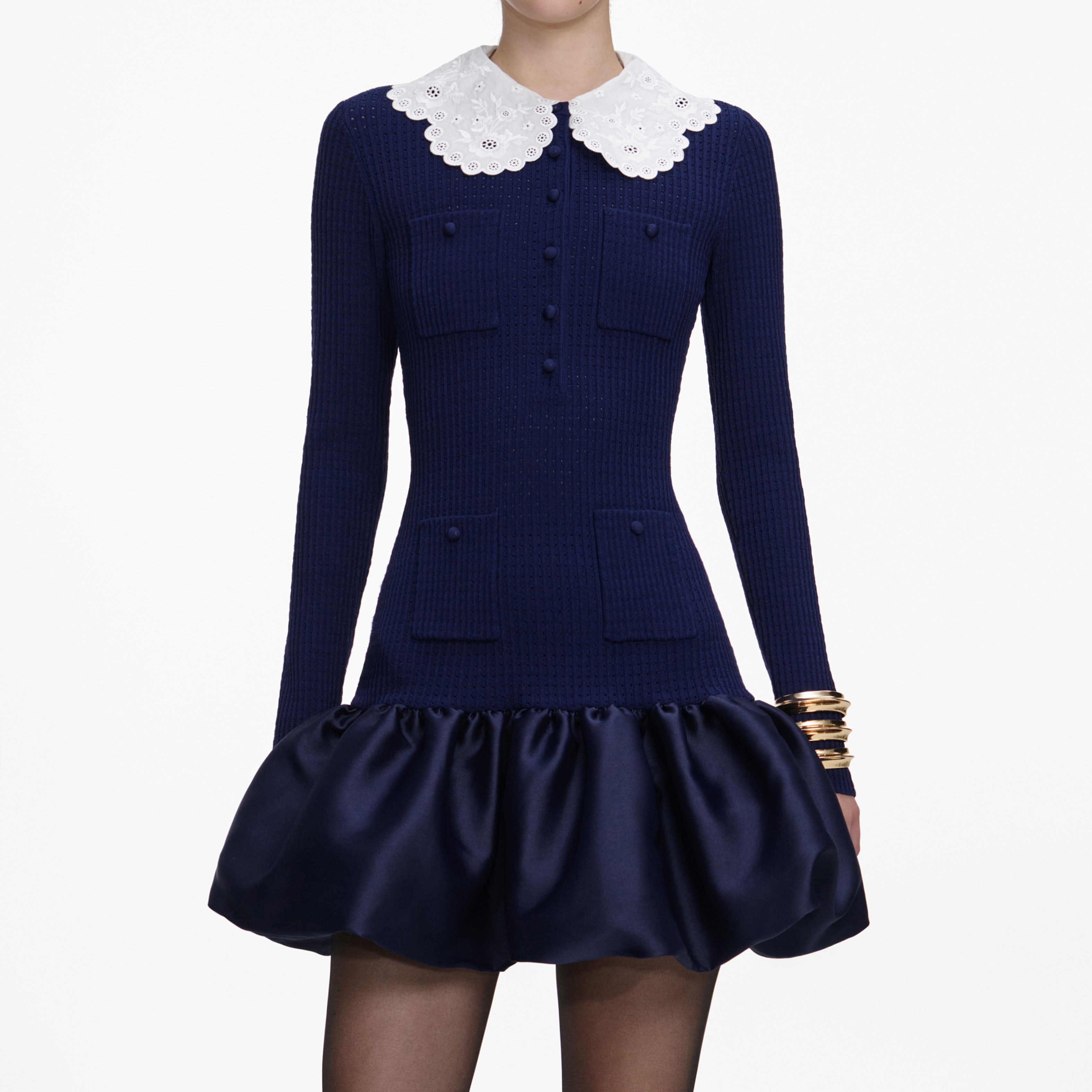 Navy Knit Taffeta Mini Dress
