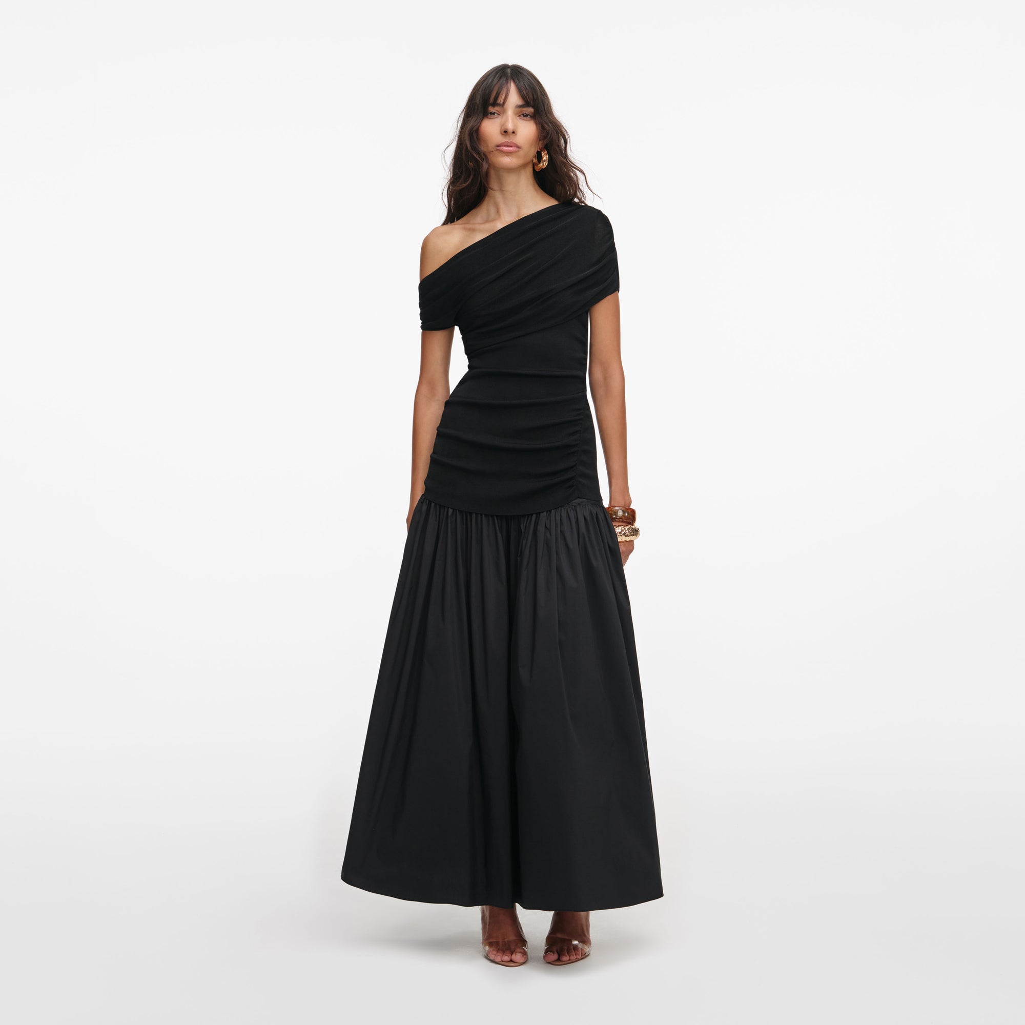 Front view of a woman wearing the Black Cotton Draped Knit Midi Dress