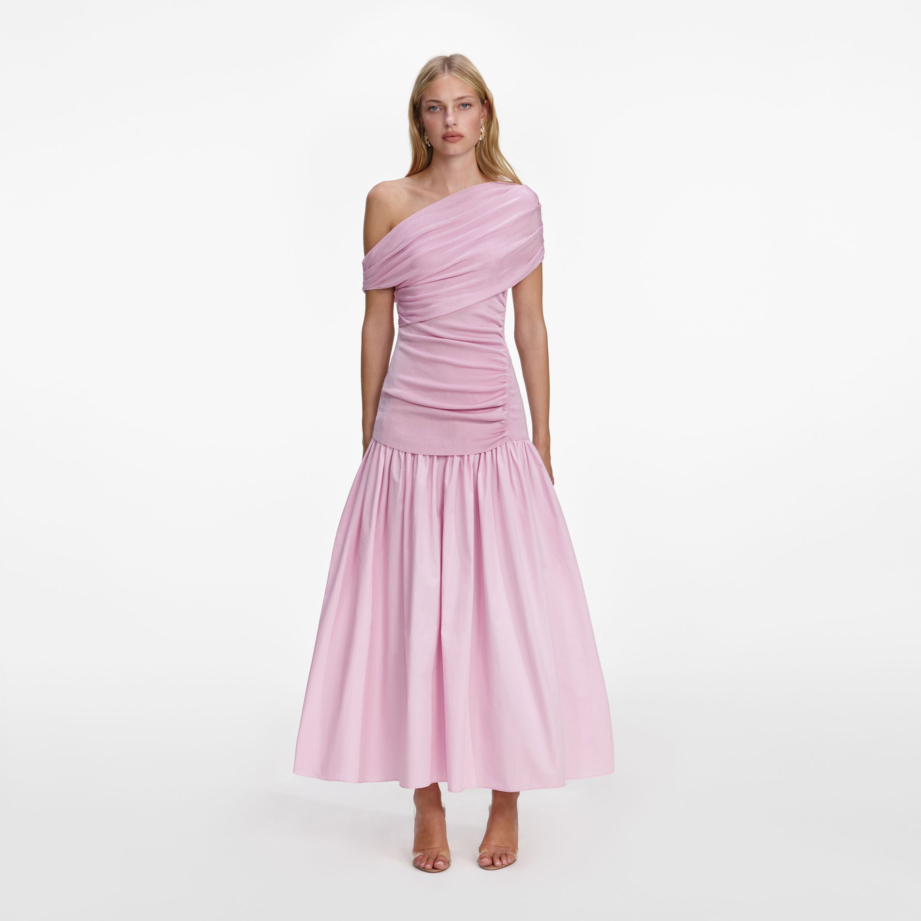 Front view of a woman wearing the Pink Cotton Draped Knit Midi Dress