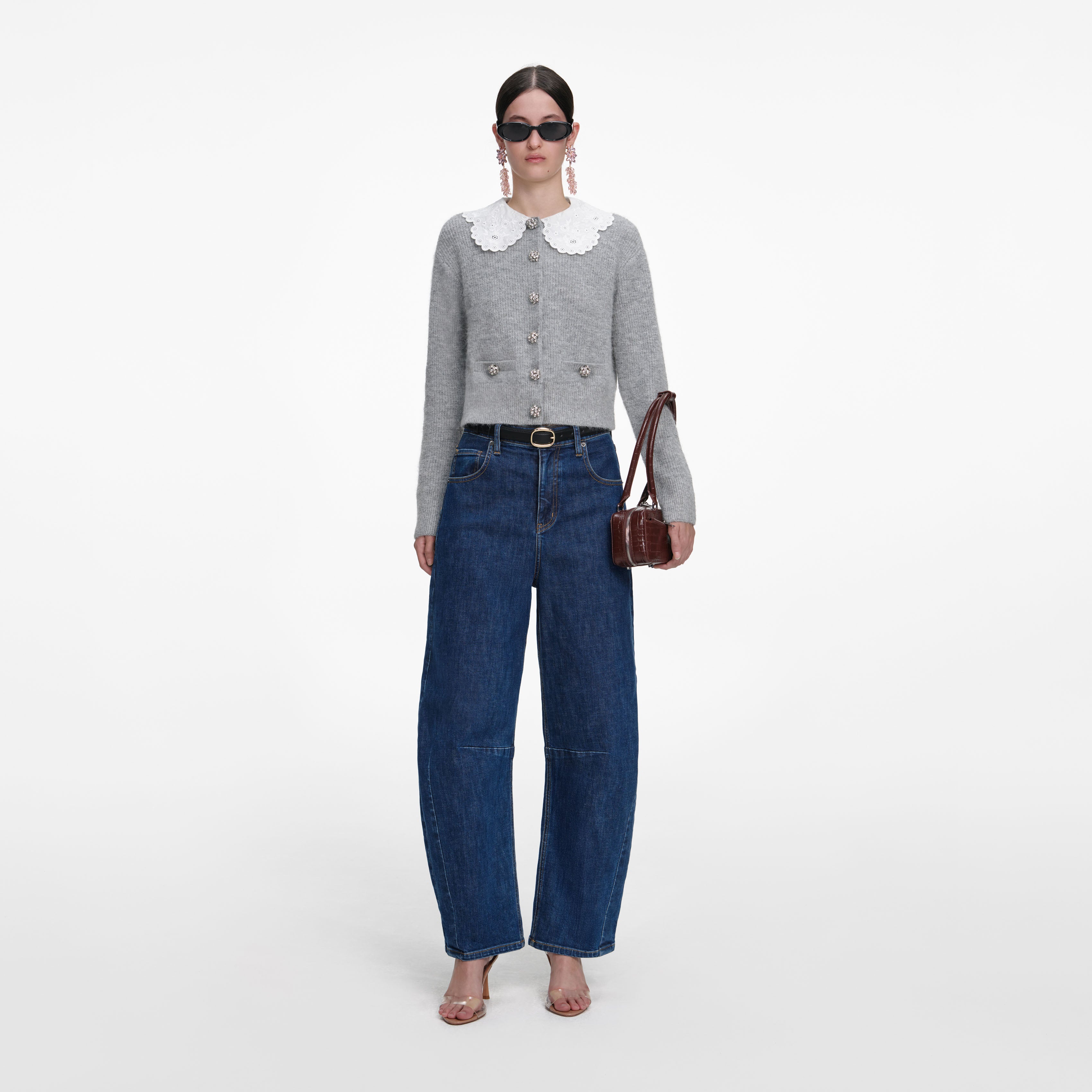 Grey Lace Collar Cardigan – self-portrait