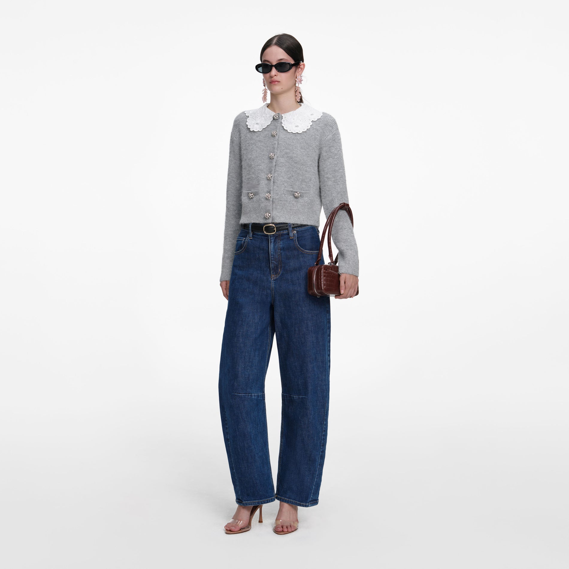 Side view of a woman wearing the Grey Lace Collar Cardigan