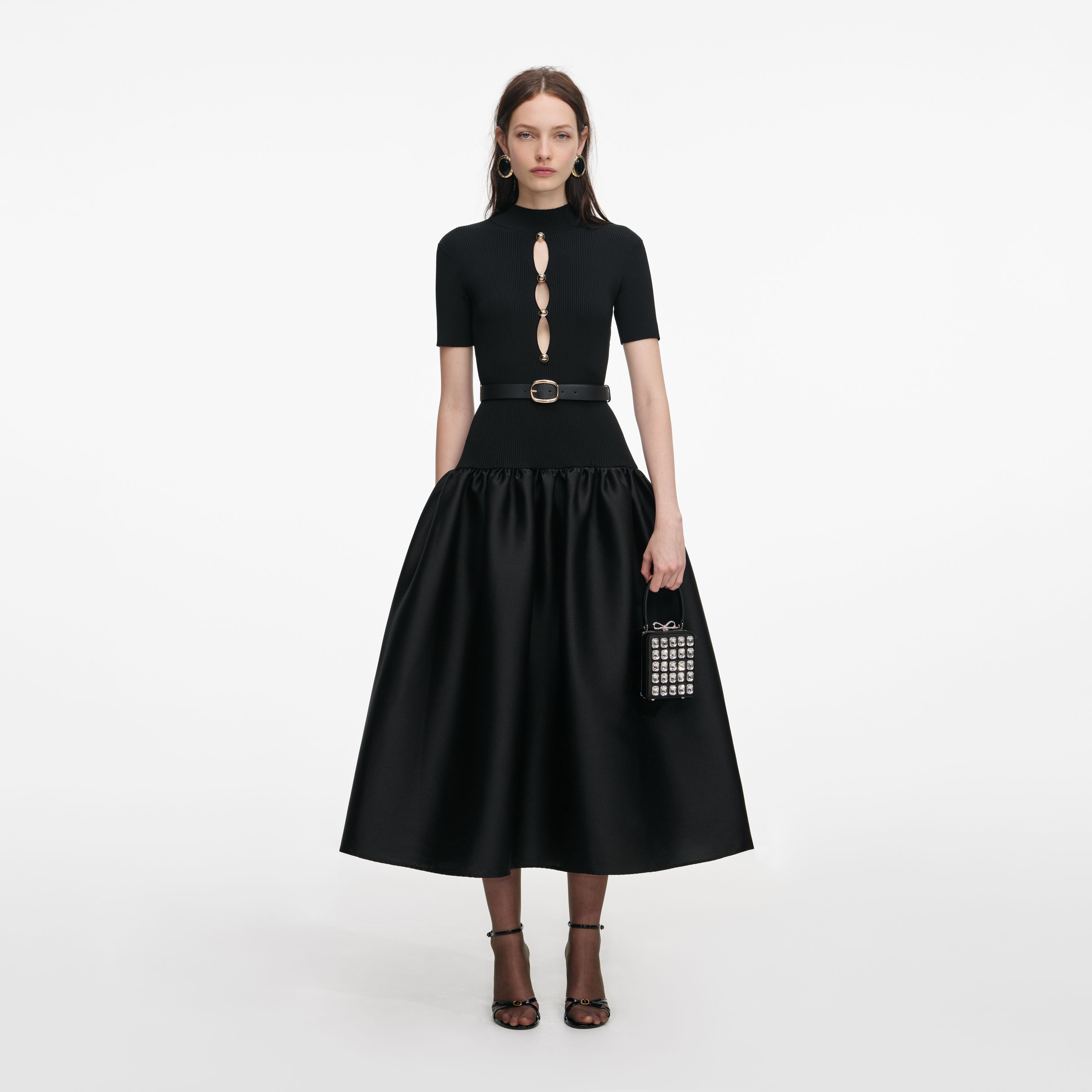 self portrait black knit dress Black Knit Taffeta Midi Dress self-portrait