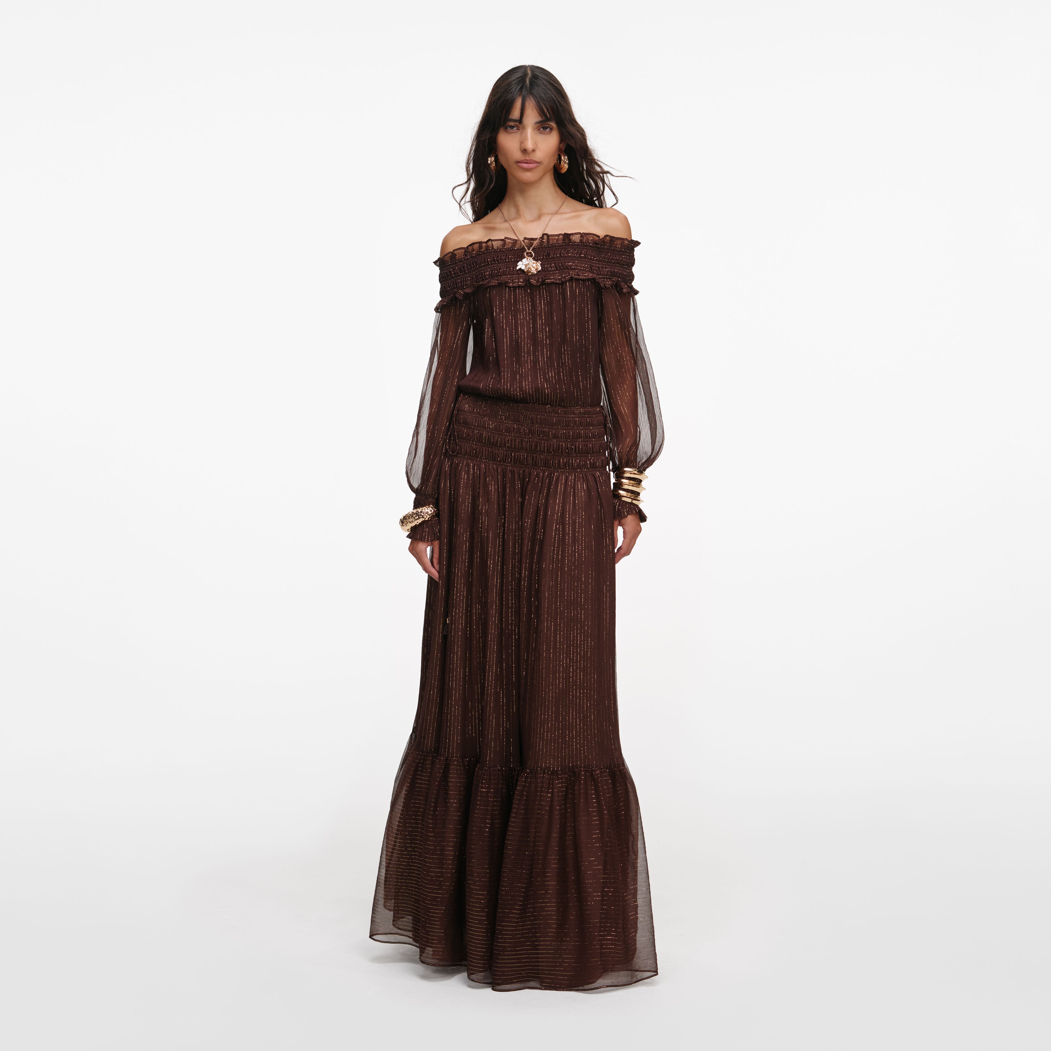 off the shoulder brown maxi dress Chocolate Brown Rhinestone Mesh Bardot Maxi Dress main image 0