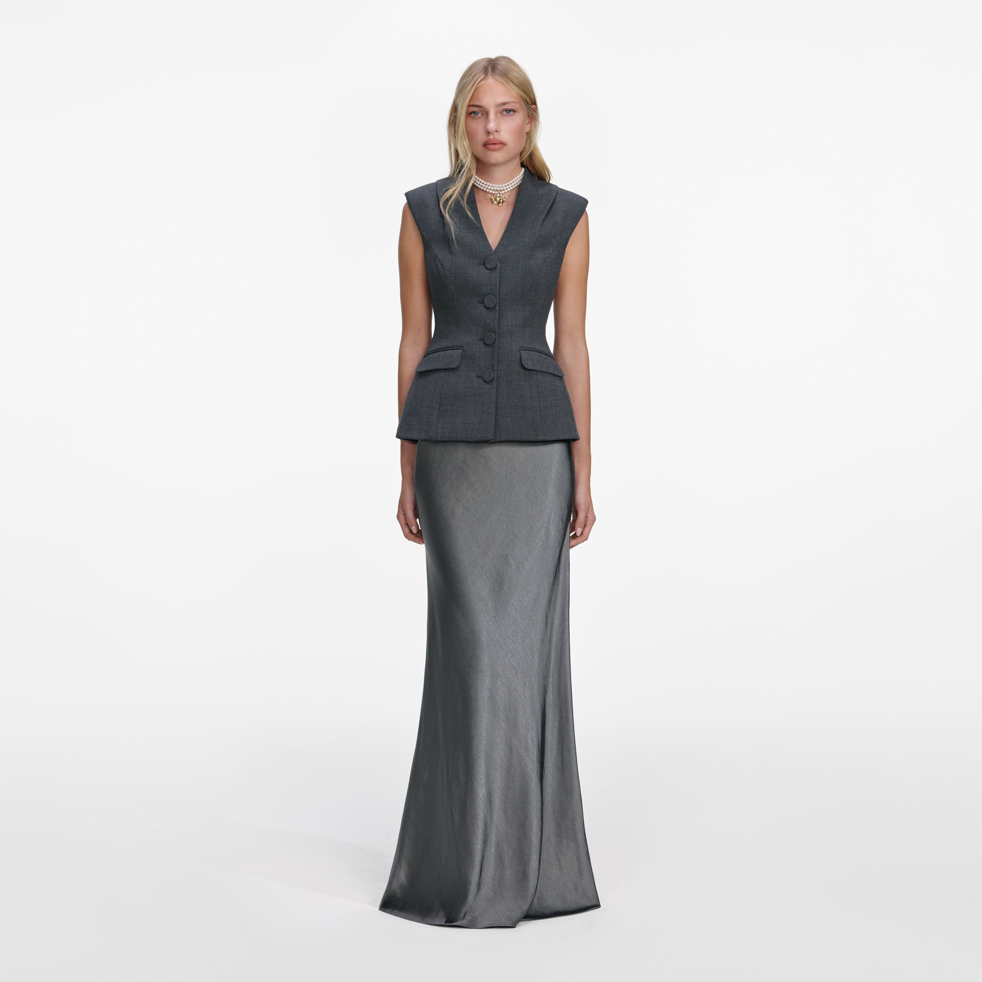 grey satin dress Grey Tailored Satin Maxi Dress – self-portrait