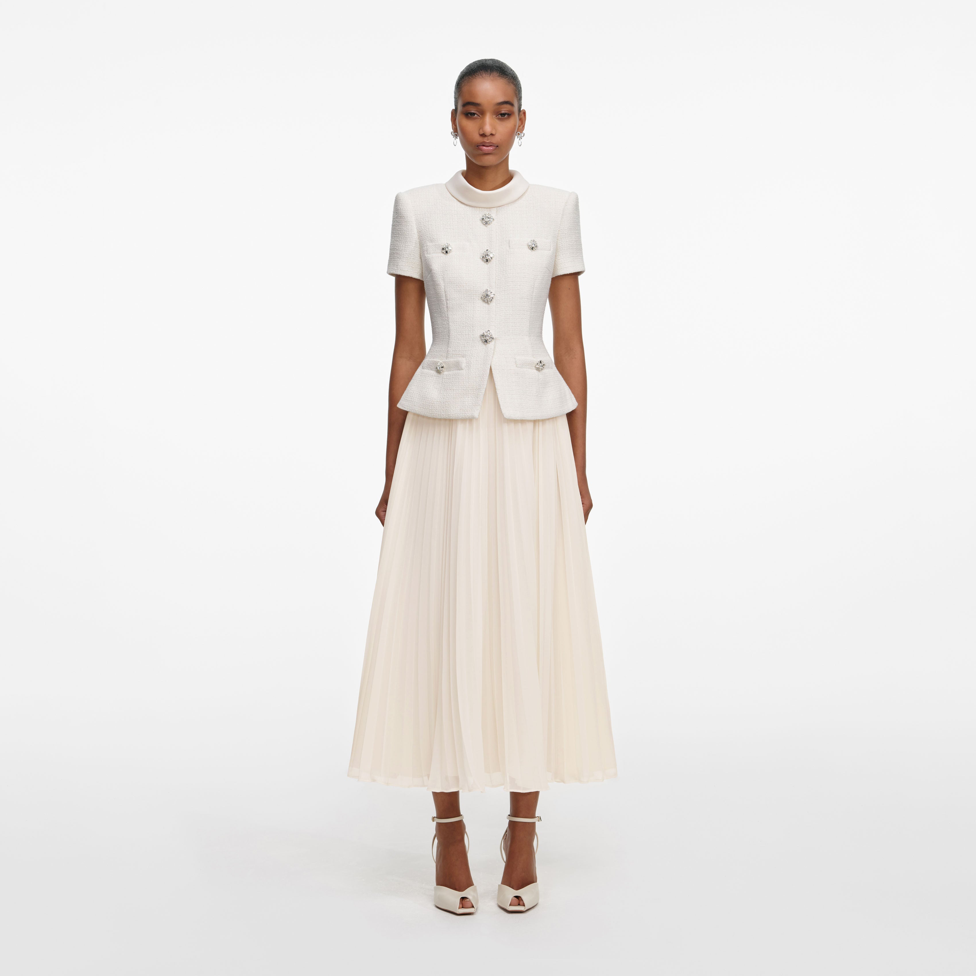 self portrait cream tailored boucle and chiffon midi dress self-portrait - Cream Tailored Boucl And Chiffon Midi Dress