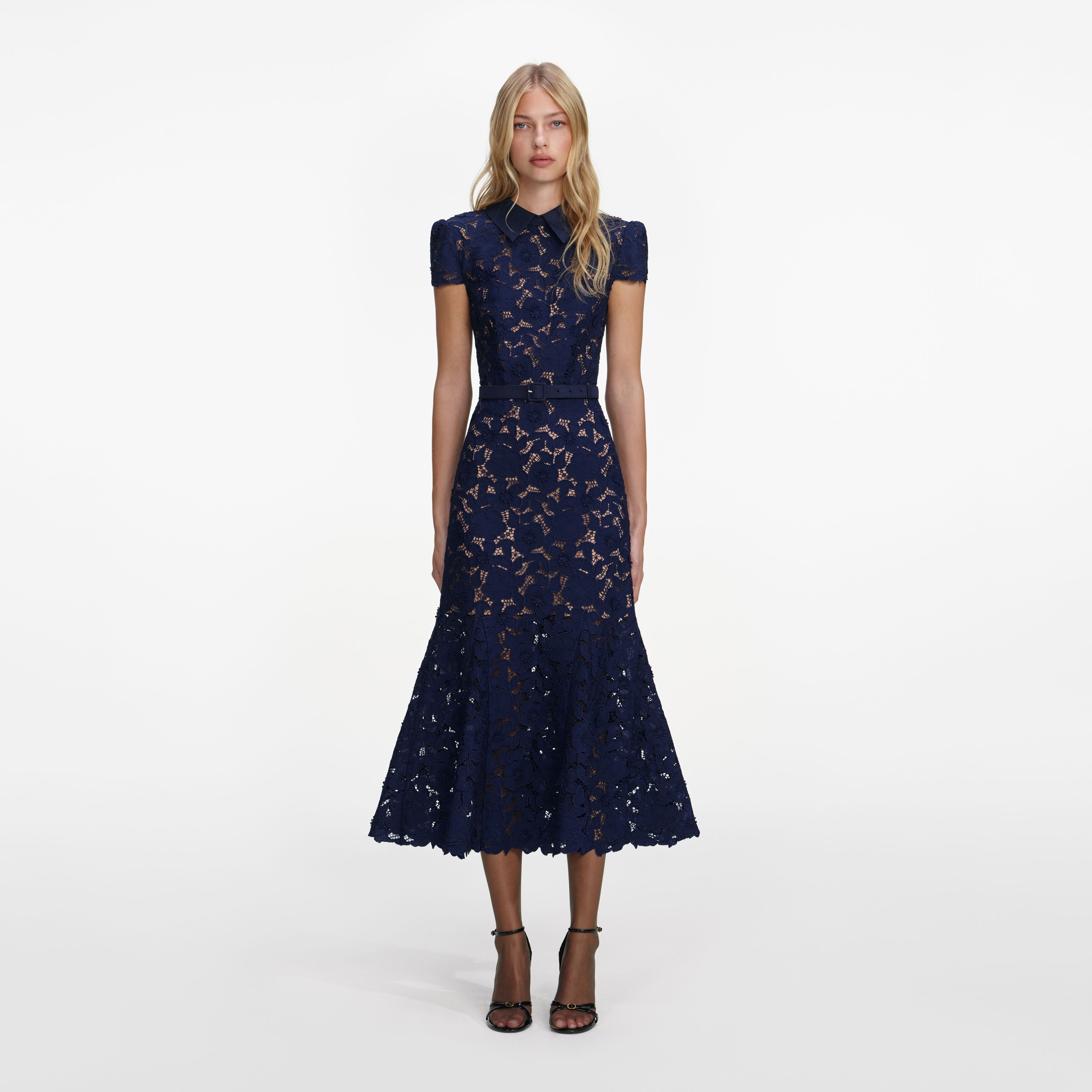 Navy Guipure Lace Midi Dress – self-portrait Navy Guipure Lace Midi Dress – self-portrait