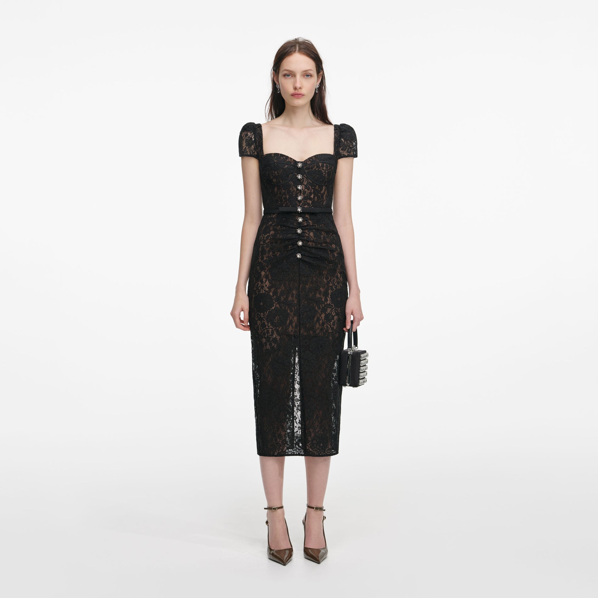 Front view of a woman wearing the Black Sweetheart Lace Midi Dress