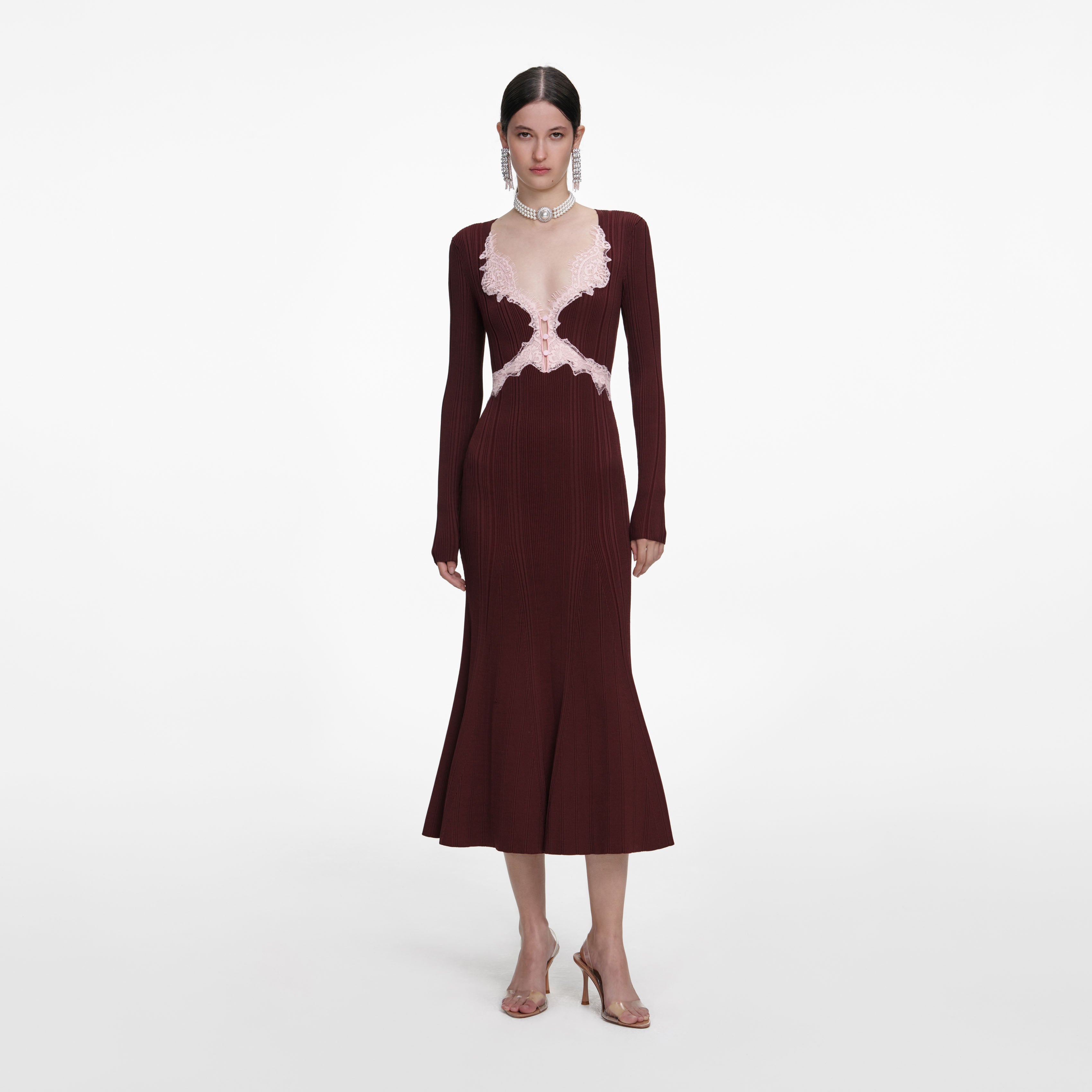 Brown Contrast Lace Knit Midi Dress  self-portrait