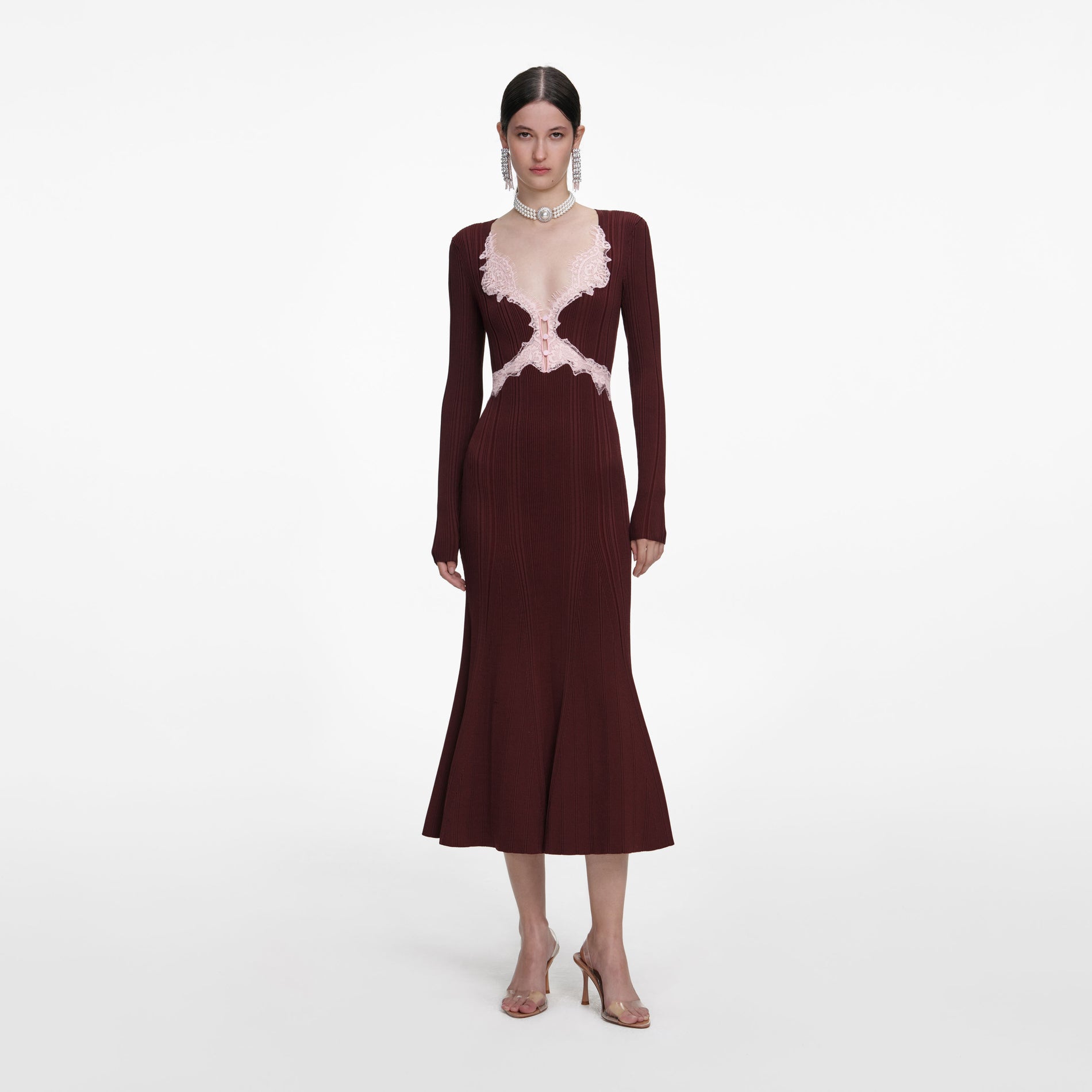 Front view of a woman wearing the Brown Contrast Lace Knit Midi Dress