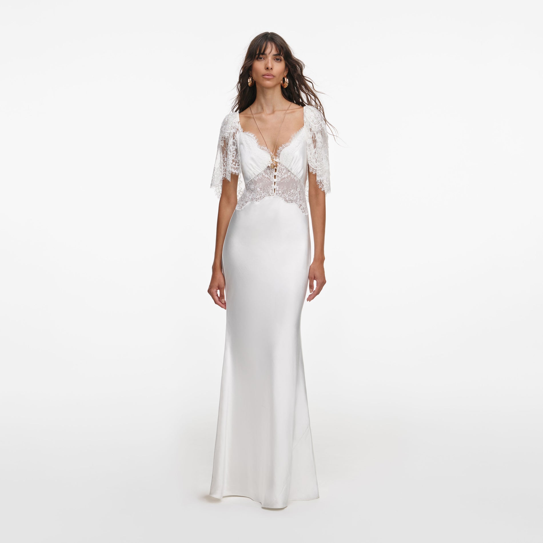 Front view of a woman wearing the White Fine Lace Satin Maxi Dress