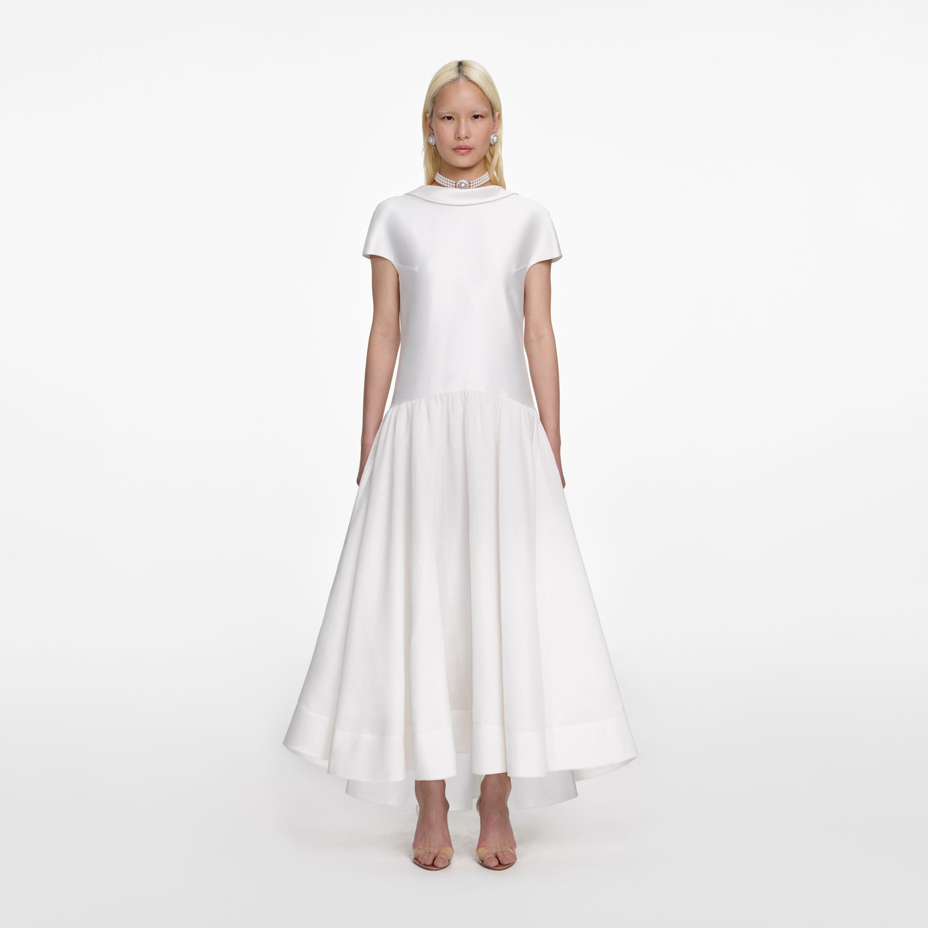 Front view of a woman wearing the White Satin Ramie Midi Dress