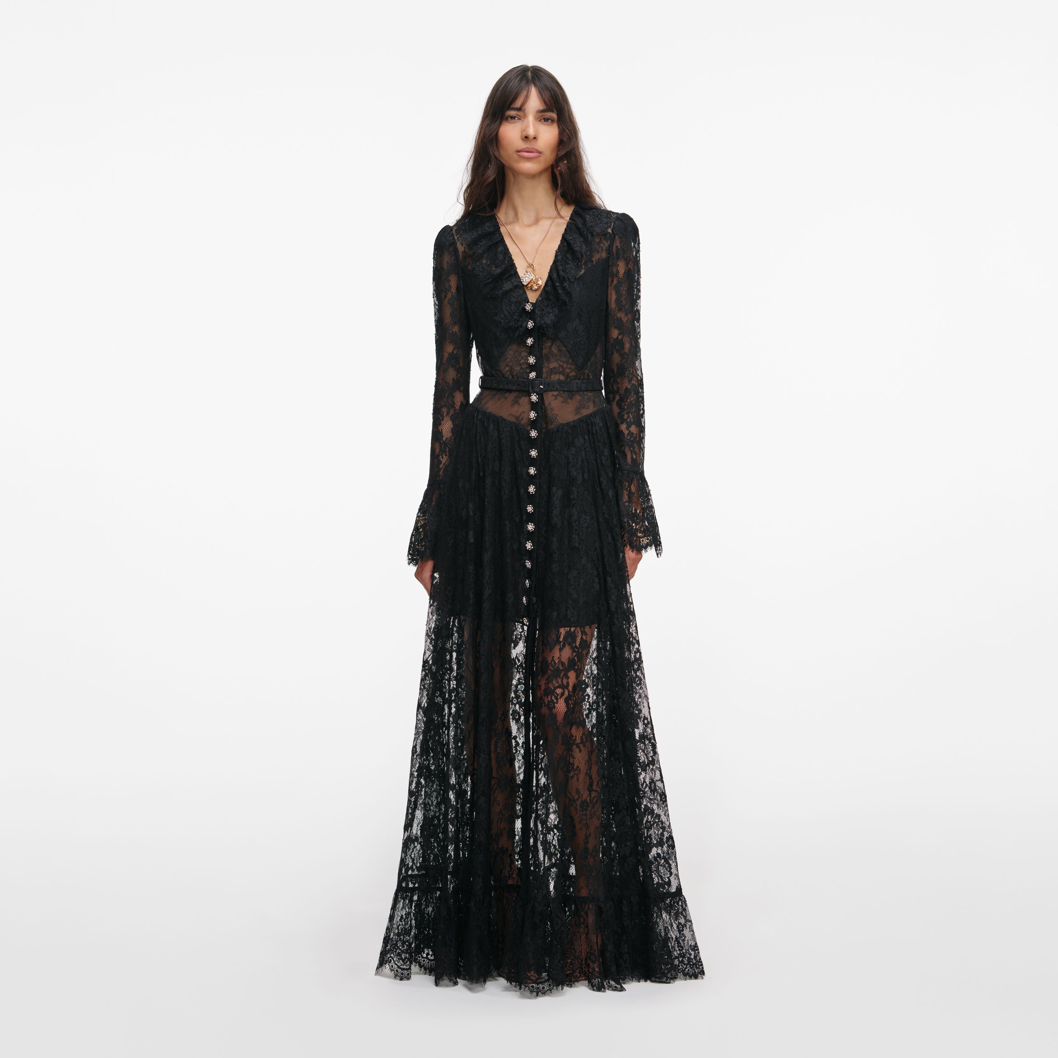 long sleeve black lace dress Black Lace Ruffle Maxi Dress – self-portrait