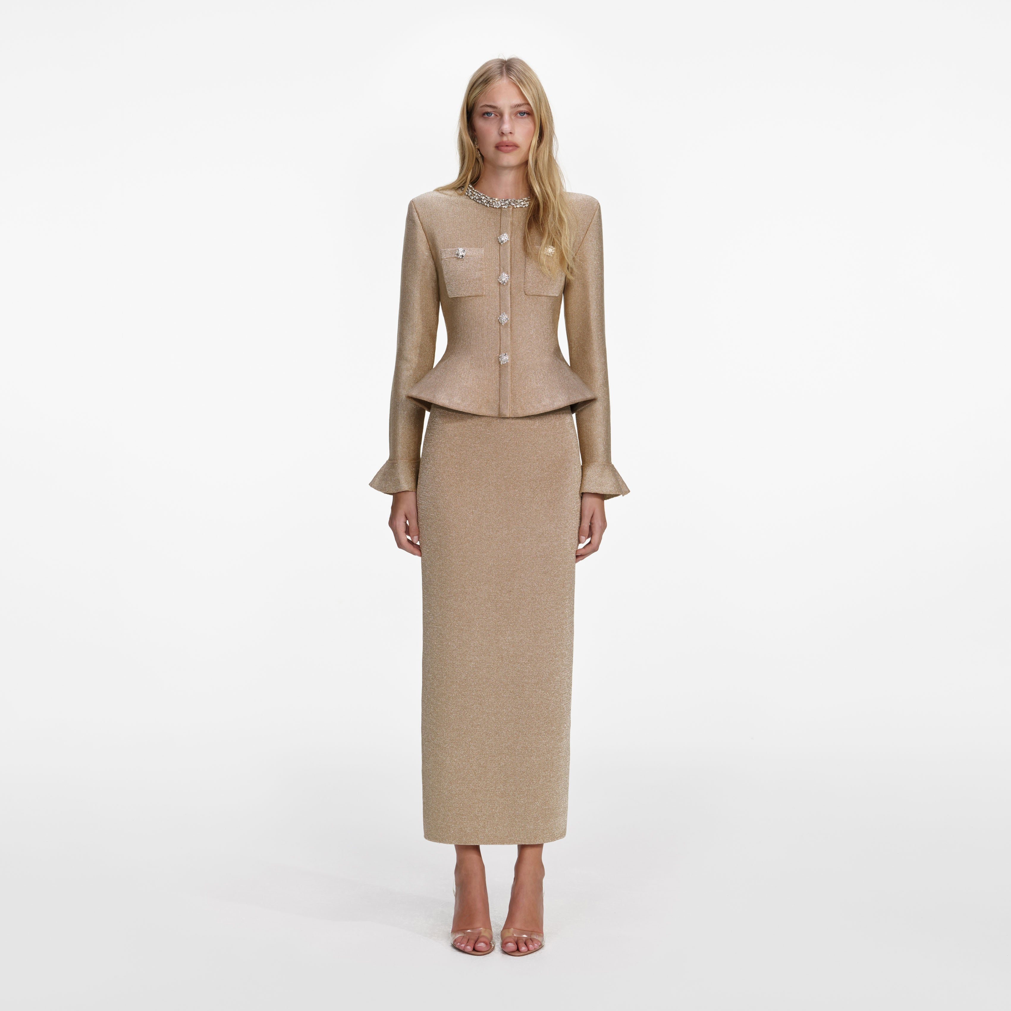 Gold Crystal Trim Knit Midi Dress