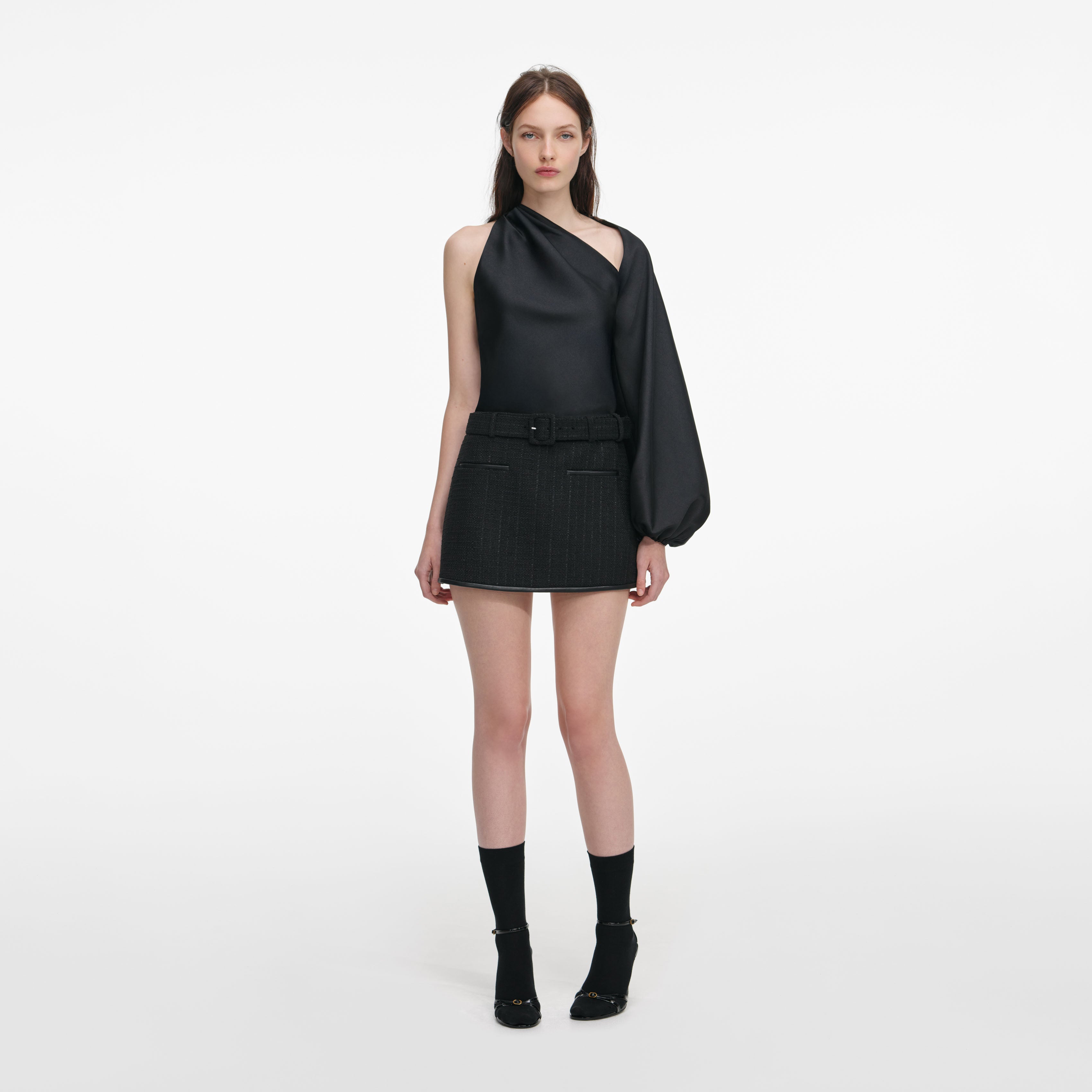 Black Taffeta Draped Sleeve Top