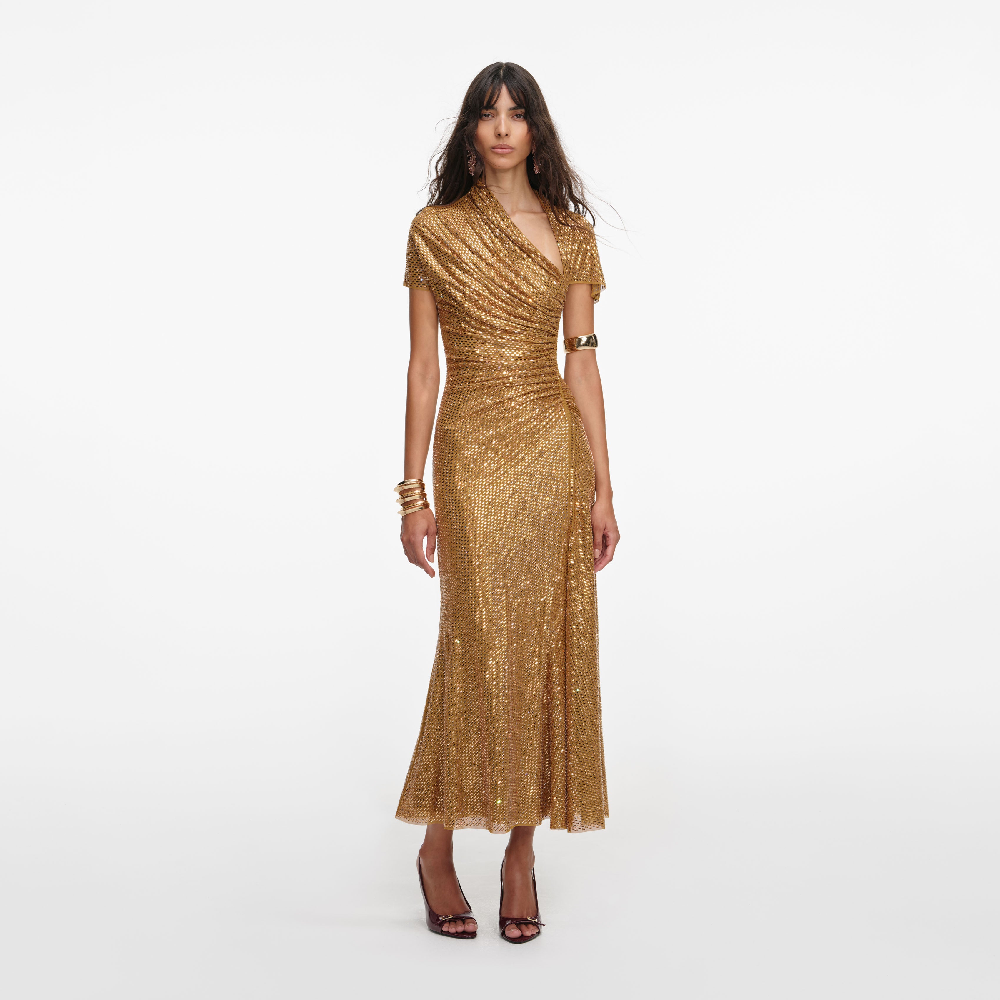 Gold Rhinestone Drape Midi Dress self-portrait Gold Rhinestone Drape Midi Dress self-portrait
