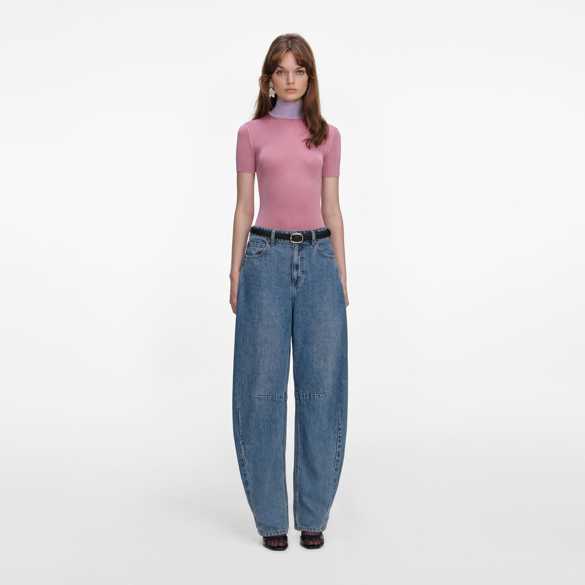 Front view of a woman wearing the Pink Short Sleeve Viscose Knit Top