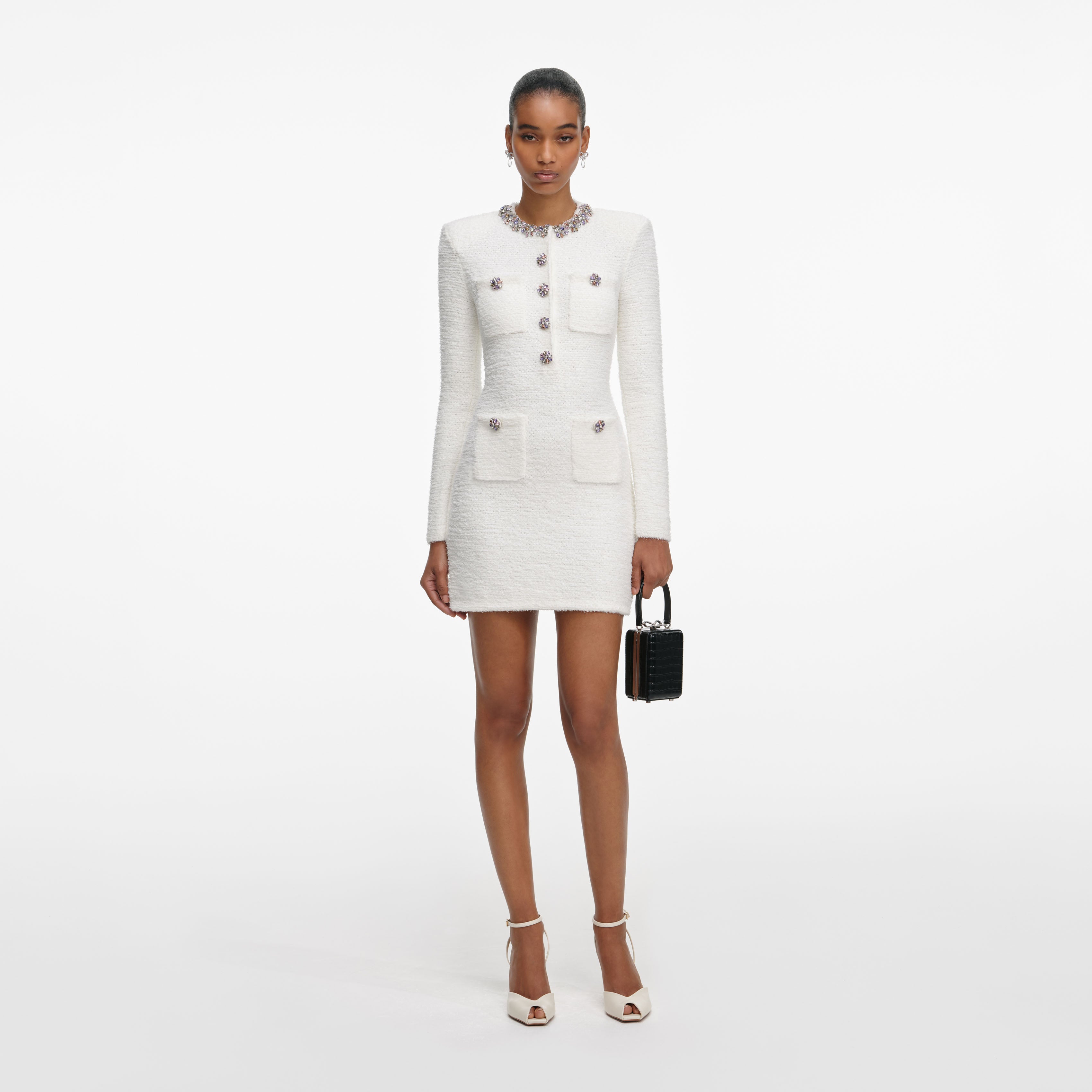 Cream Crystal Trim Knit Mini Dress  self-portrait