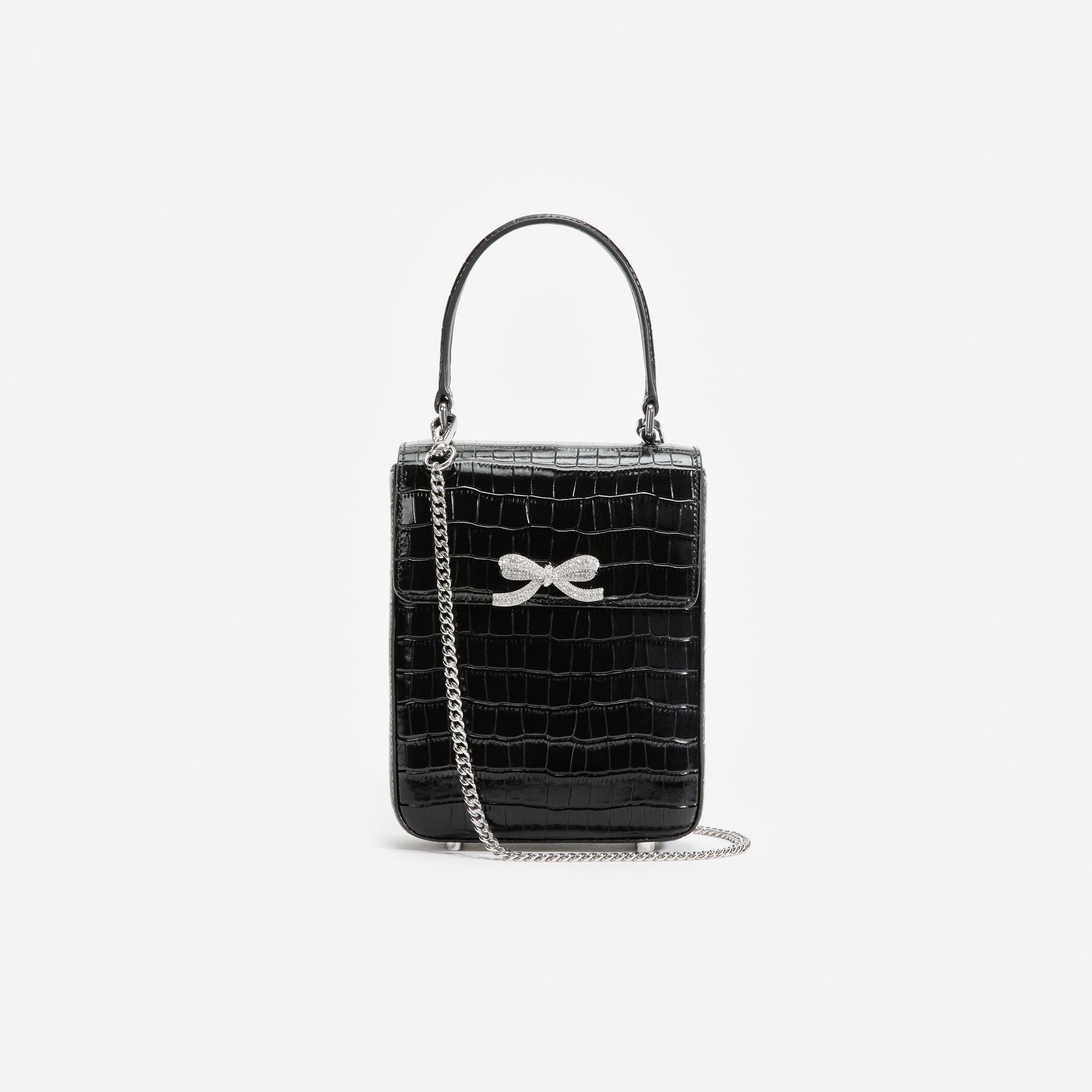 Black Croc Leather Structured Mini Bag
