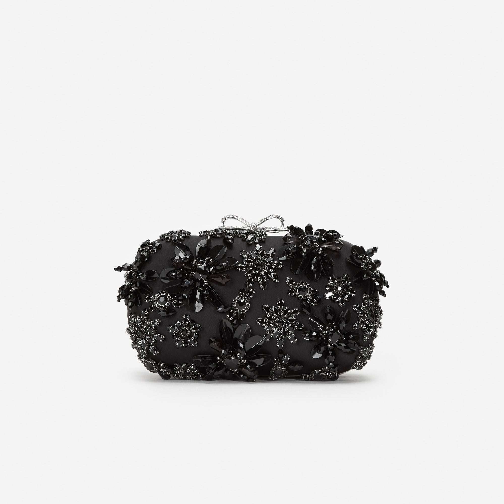 Black Satin Floral Crystal Clutch Bag