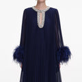 Navy Chiffon Feather Midi Dress