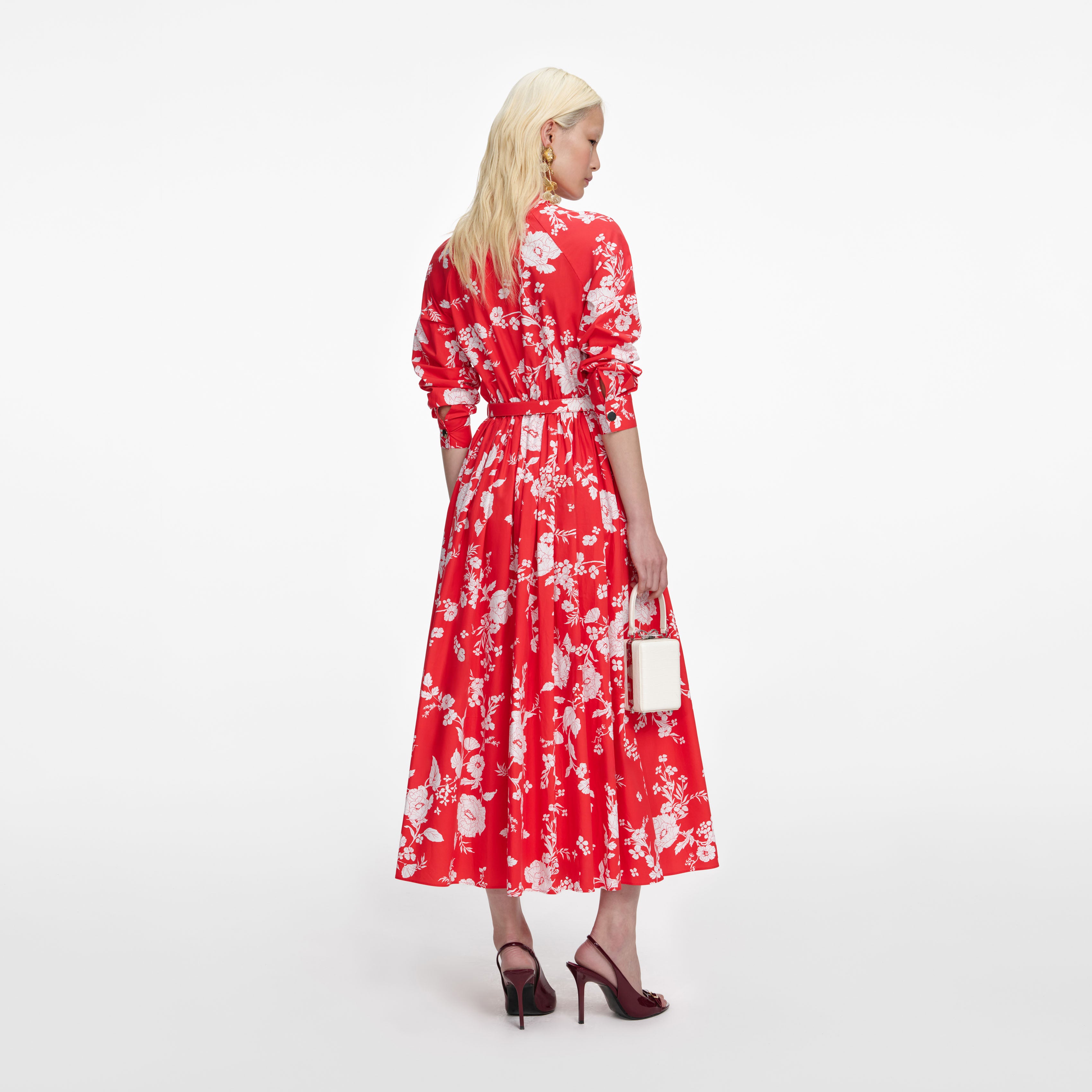 Red Floral Cotton Midi Dress