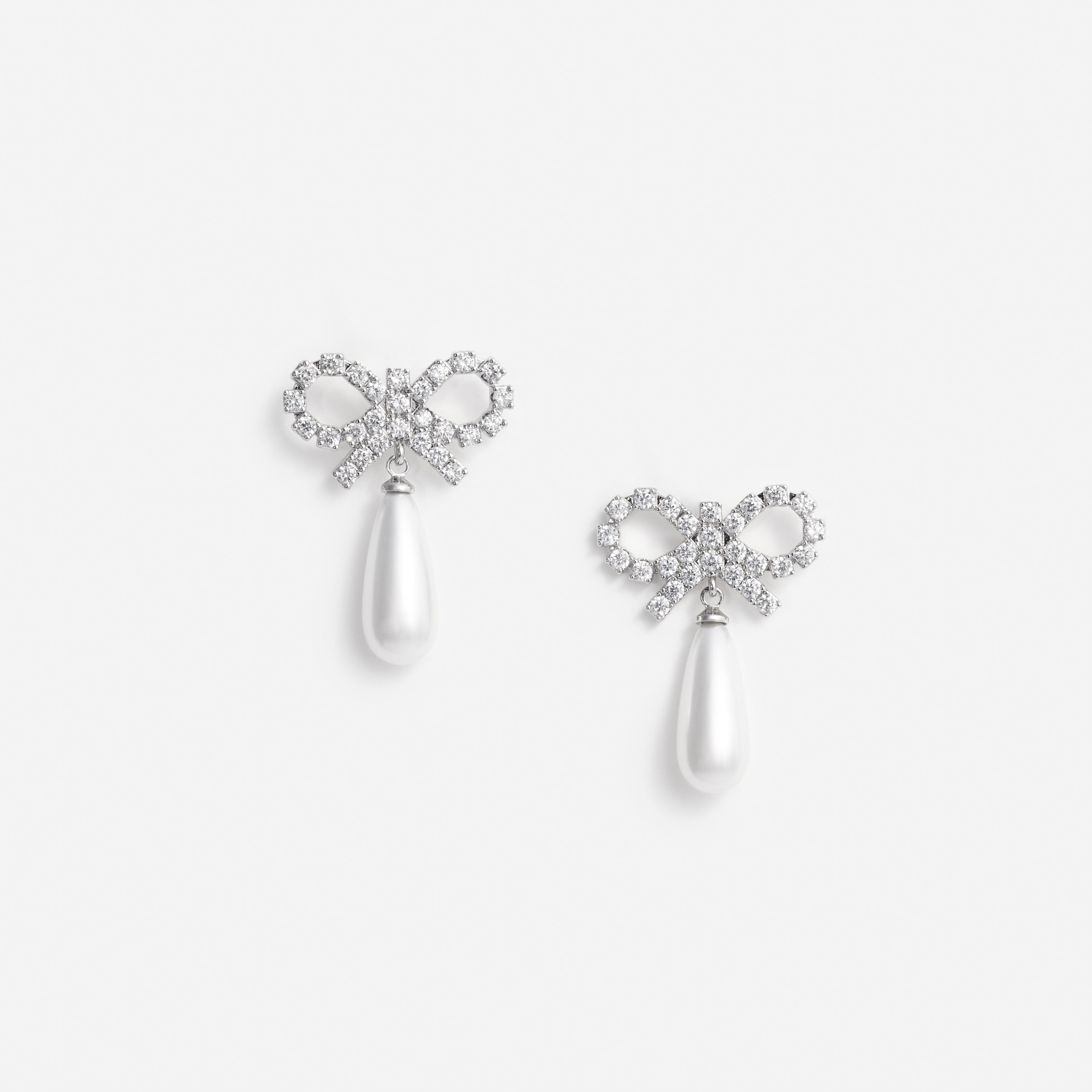 Crystal Bow Pearl Earrings