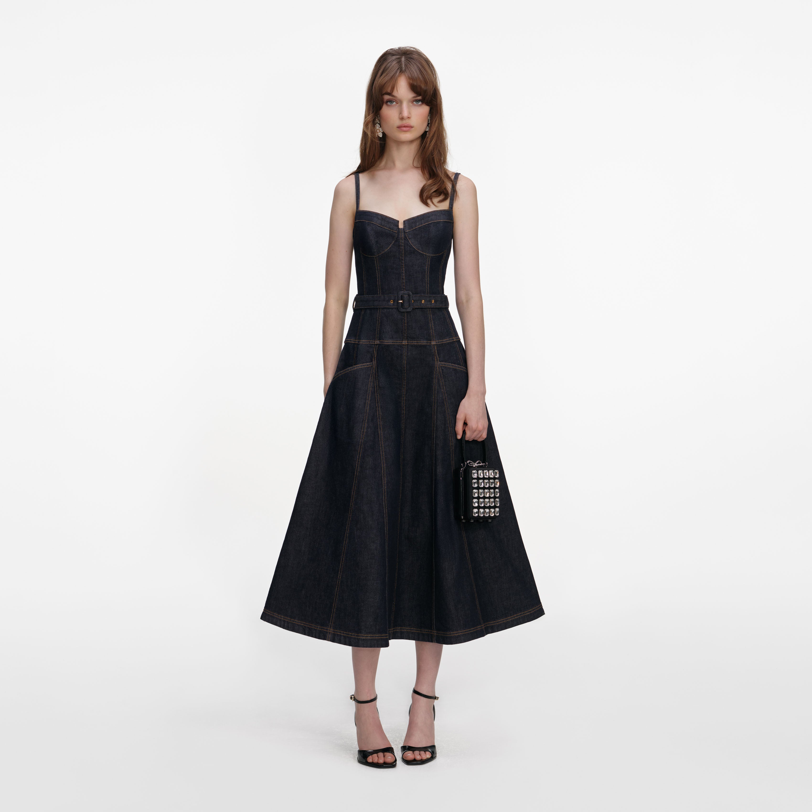 Indigo Denim Flared Midi Dress – self-portrait