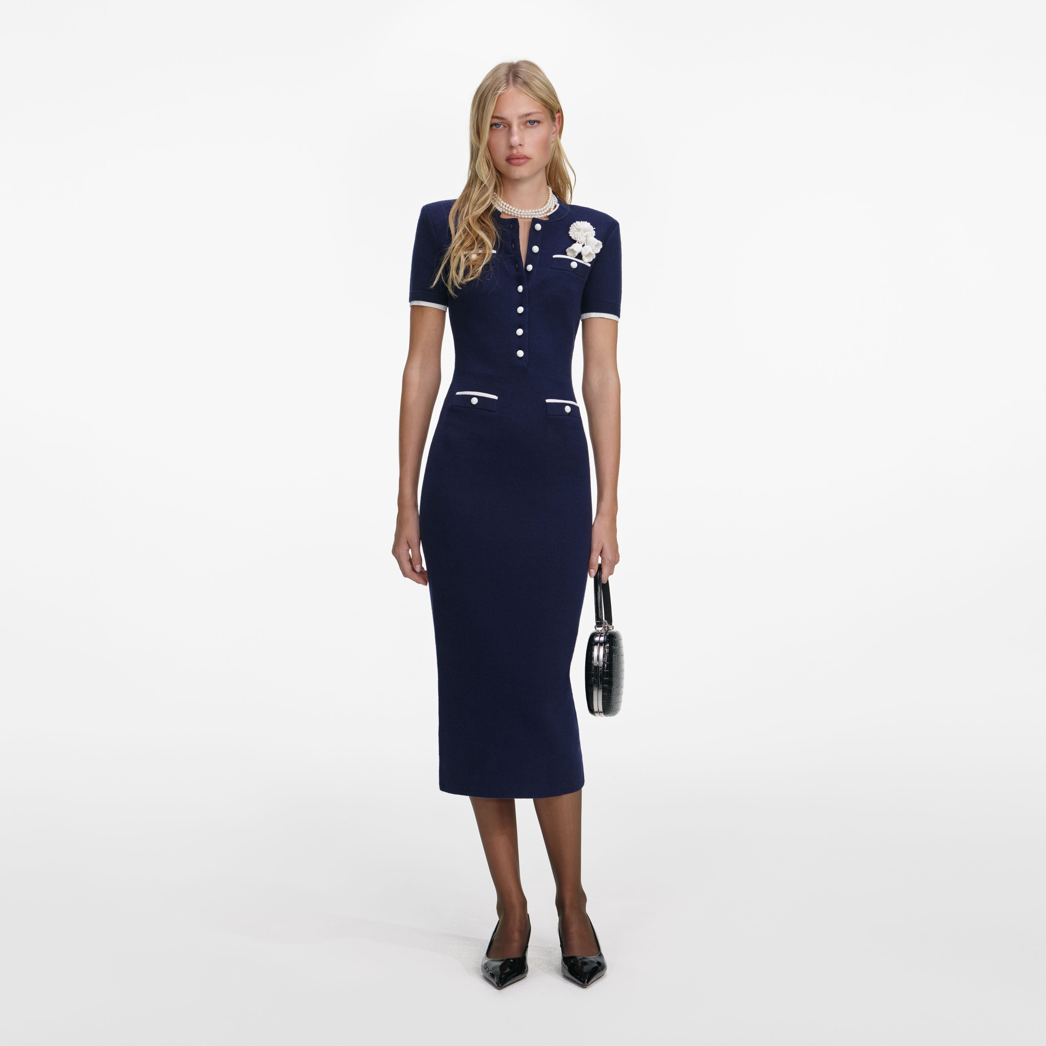 Navy Crochet Flower Knit Midi Dress – self-portrait