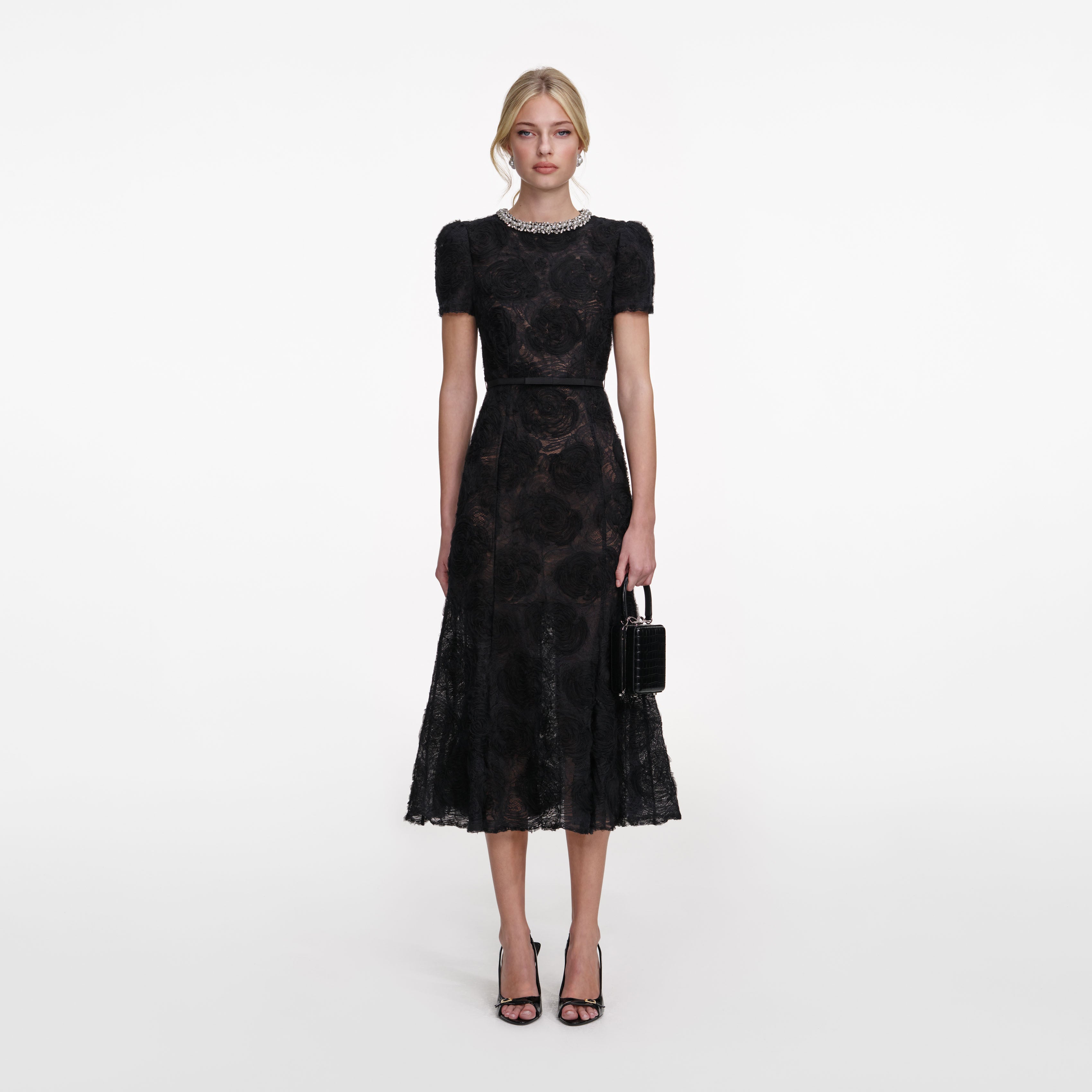 black midi tulle dress Amal Ruffle Shoulder Your every movement is celebrated by the playful ruffles of the skirt Tulle midi dress- Black