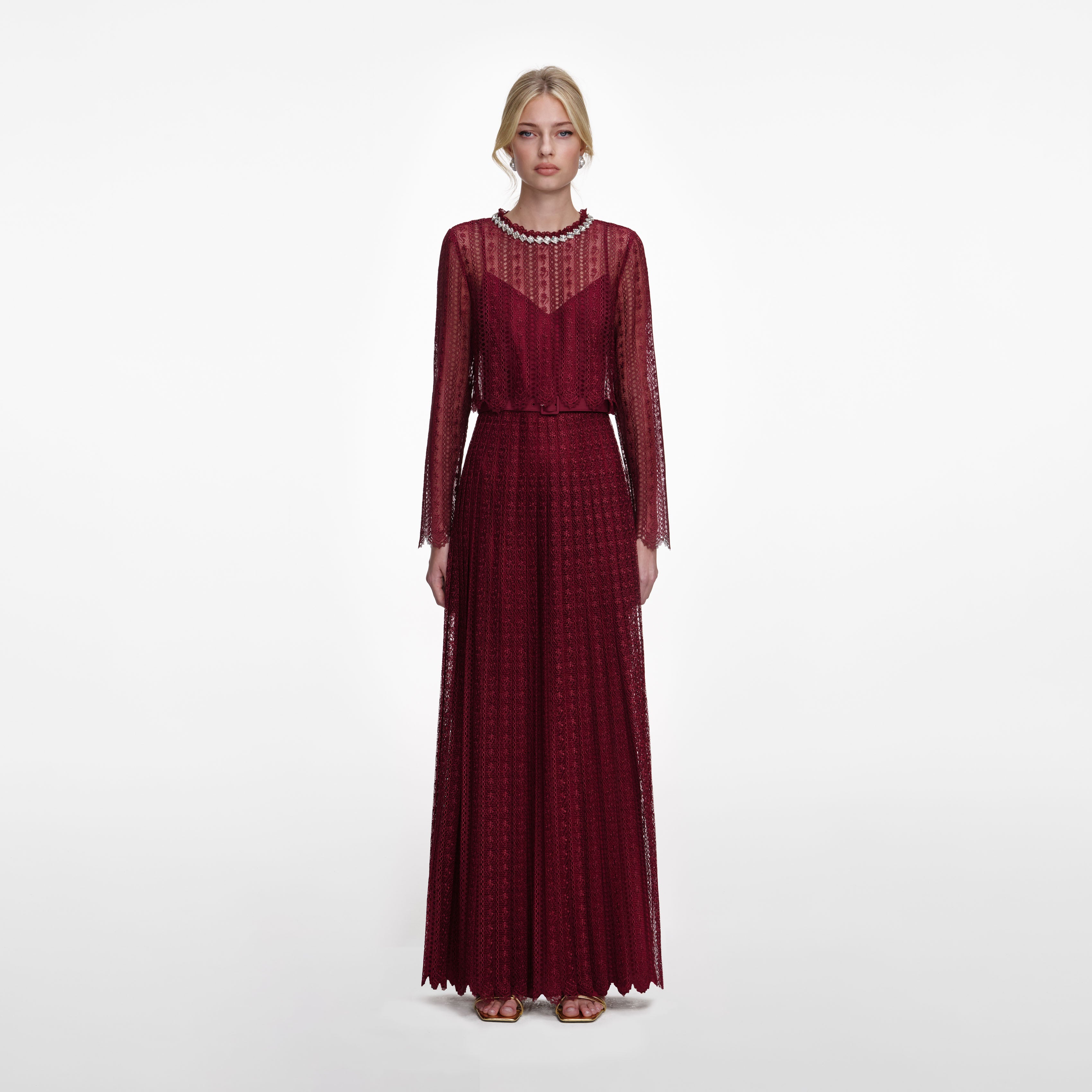 Burgundy Organza Lace Maxi Dress self-portrait Burgundy Organza Lace Maxi Dress self-portrait