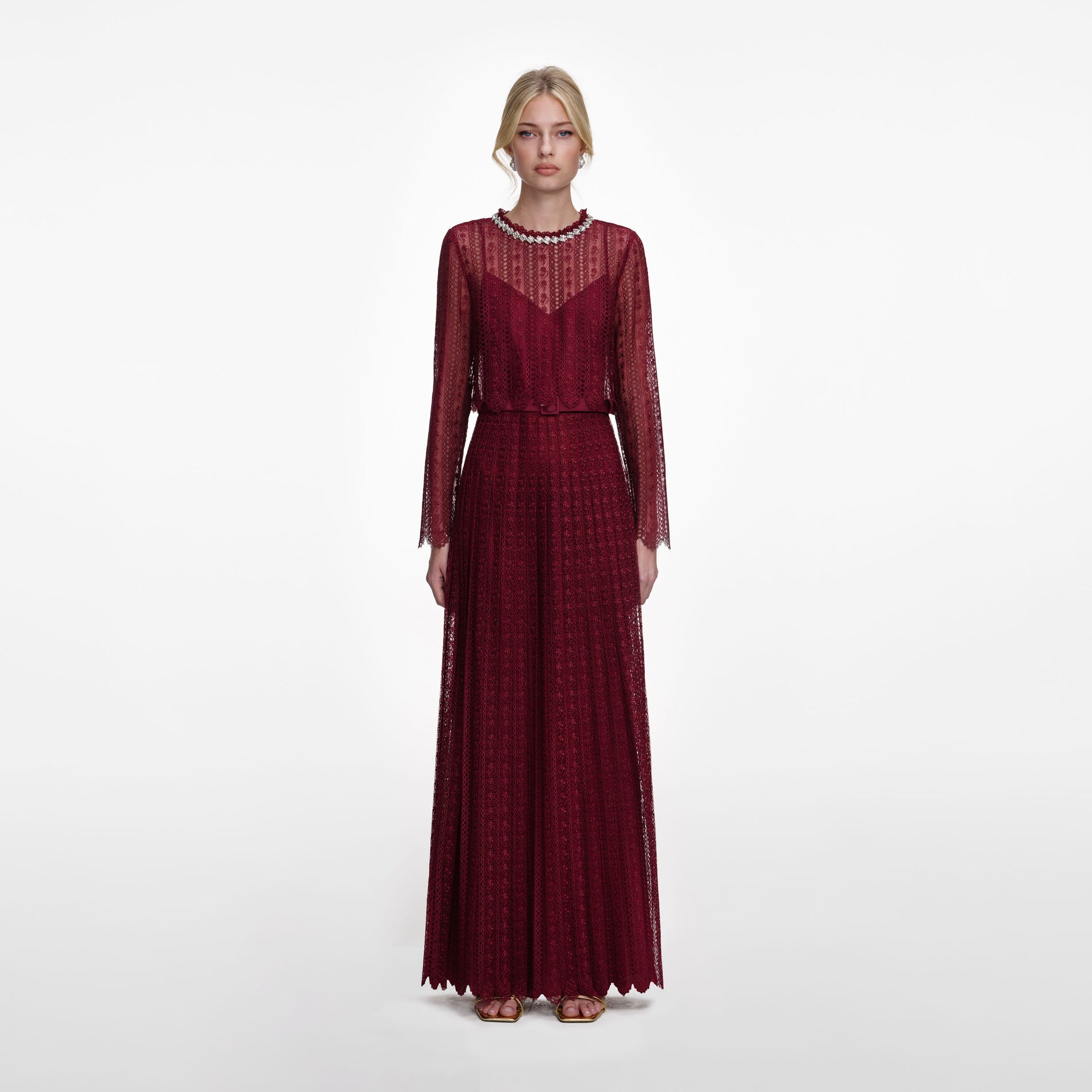 Front view of a woman wearing the Burgundy Organza Lace Maxi Dress