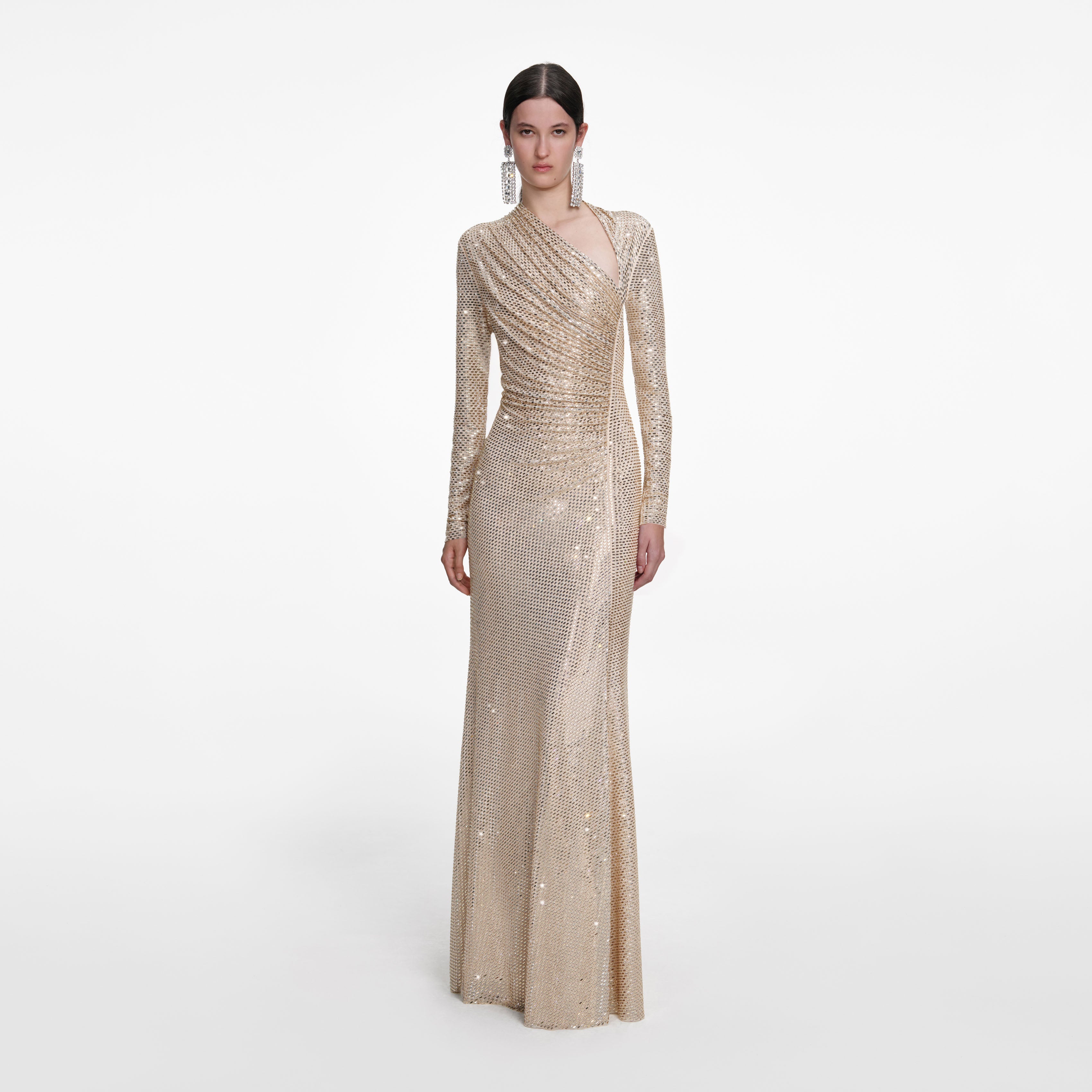 mini dress with sleeves Champagne Rhinestone Drape Maxi Dress – self-portrait
