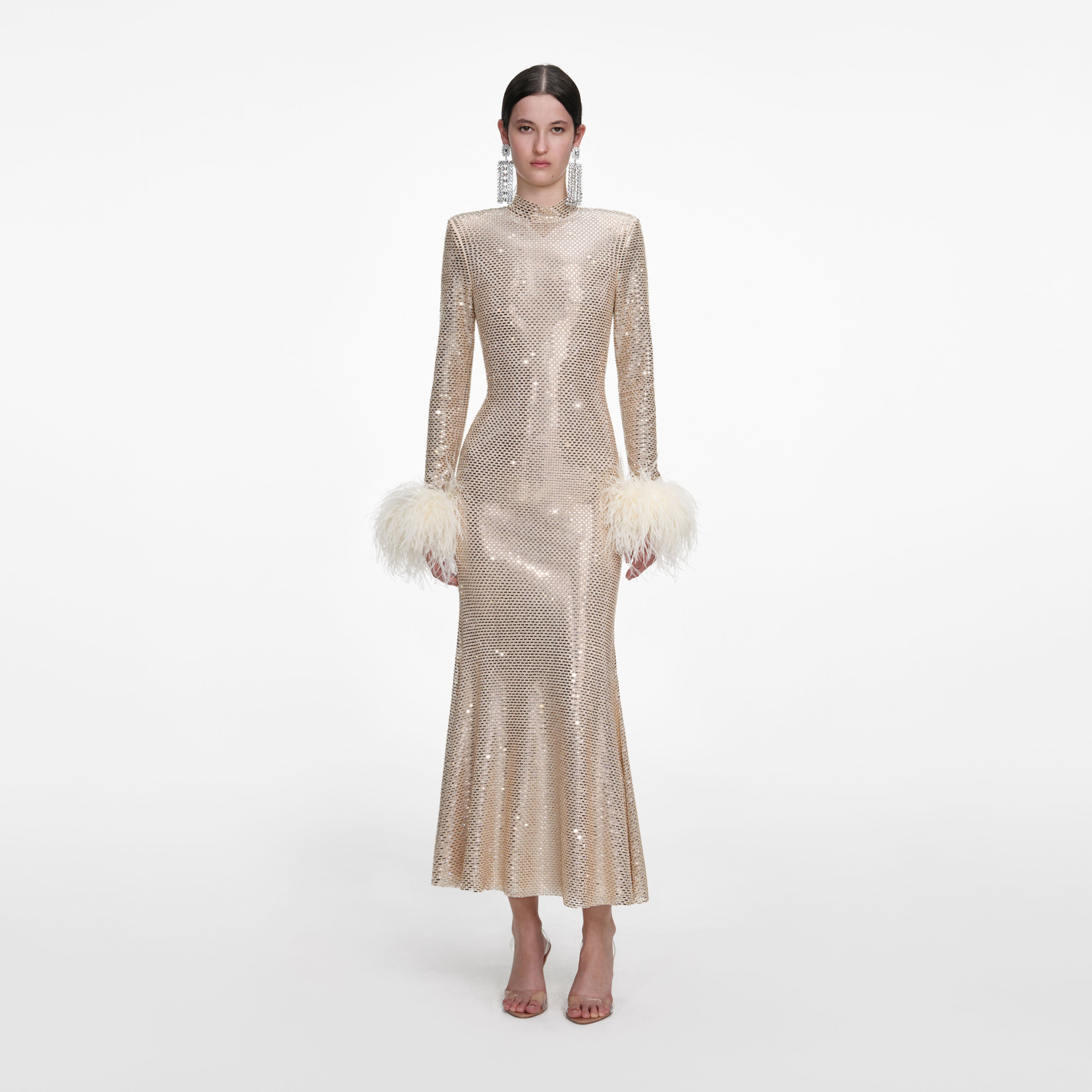 self portrait rhinestone midi dress Champagne Rhinestone Feather Midi Dress self-portrait