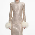 Champagne Rhinestone Feather Midi Dress