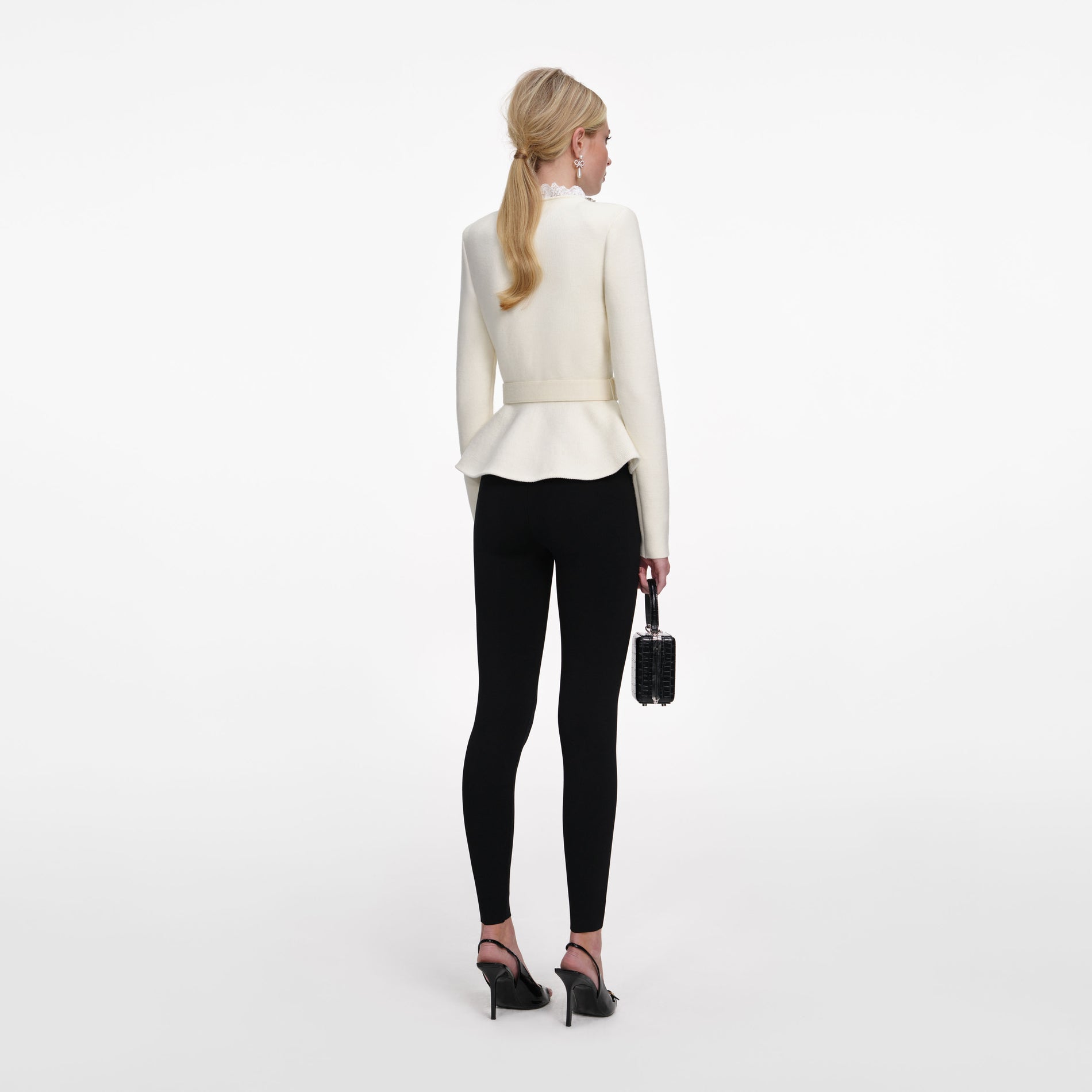 Back view of a woman wearing the Cream Crystal Trim Cardigan