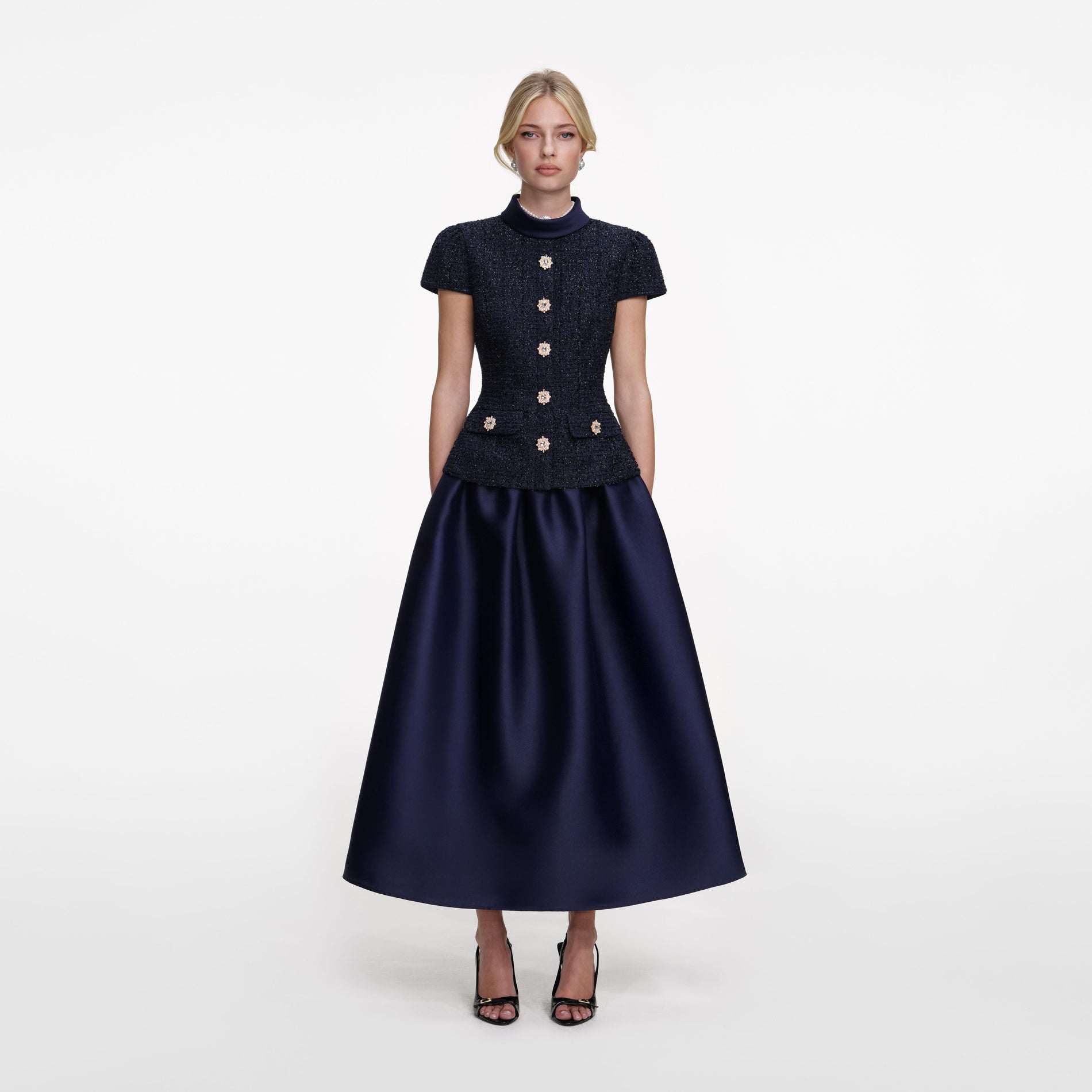 Front view of a woman wearing the Navy Metallic Boucle Taffeta Midi Dress