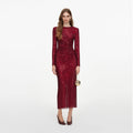 Burgundy Rhinestone Gathered Midi Dress