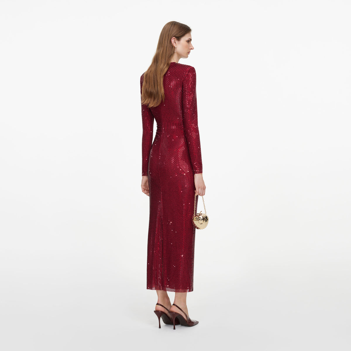 Burgundy Rhinestone Gathered Midi Dress