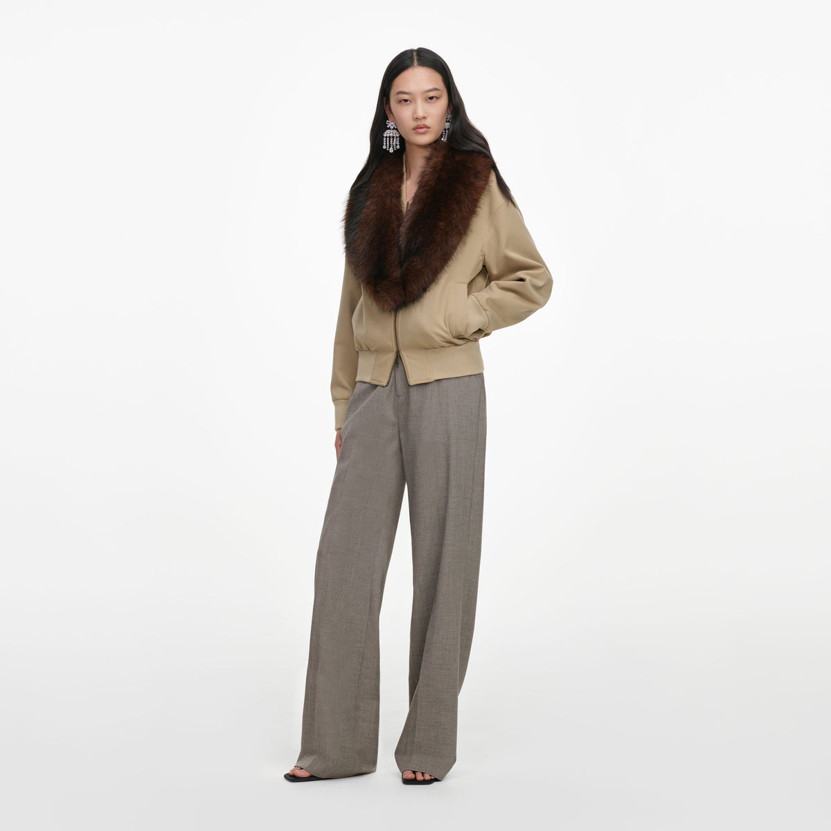 Beige Faux Fur Bomber Jacket