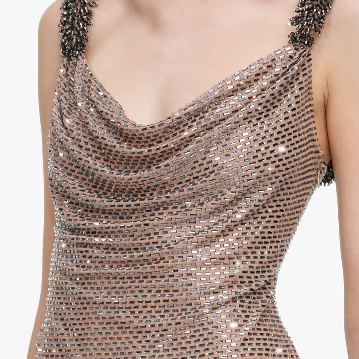 Tan Rhinestone Beaded Trim Mini Dress