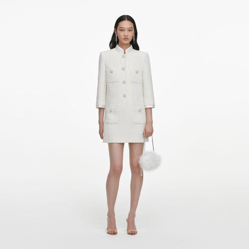 Front view of a woman wearing the Cream Boucle Mini Dress