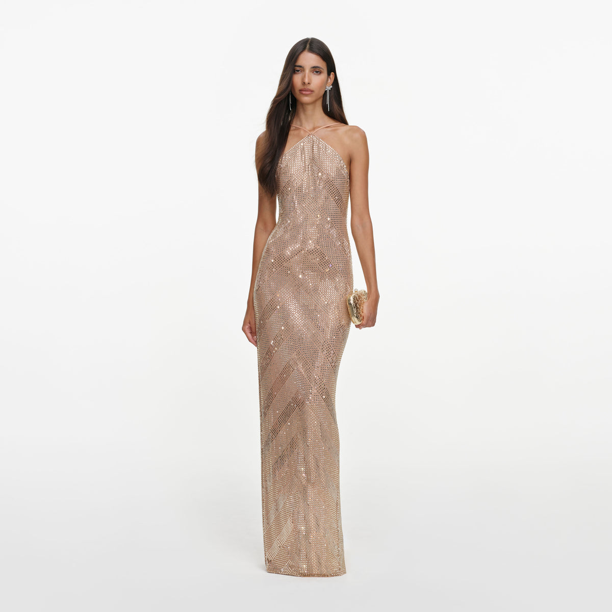 Champagne Chevron Rhinestone Halterneck Maxi Dress