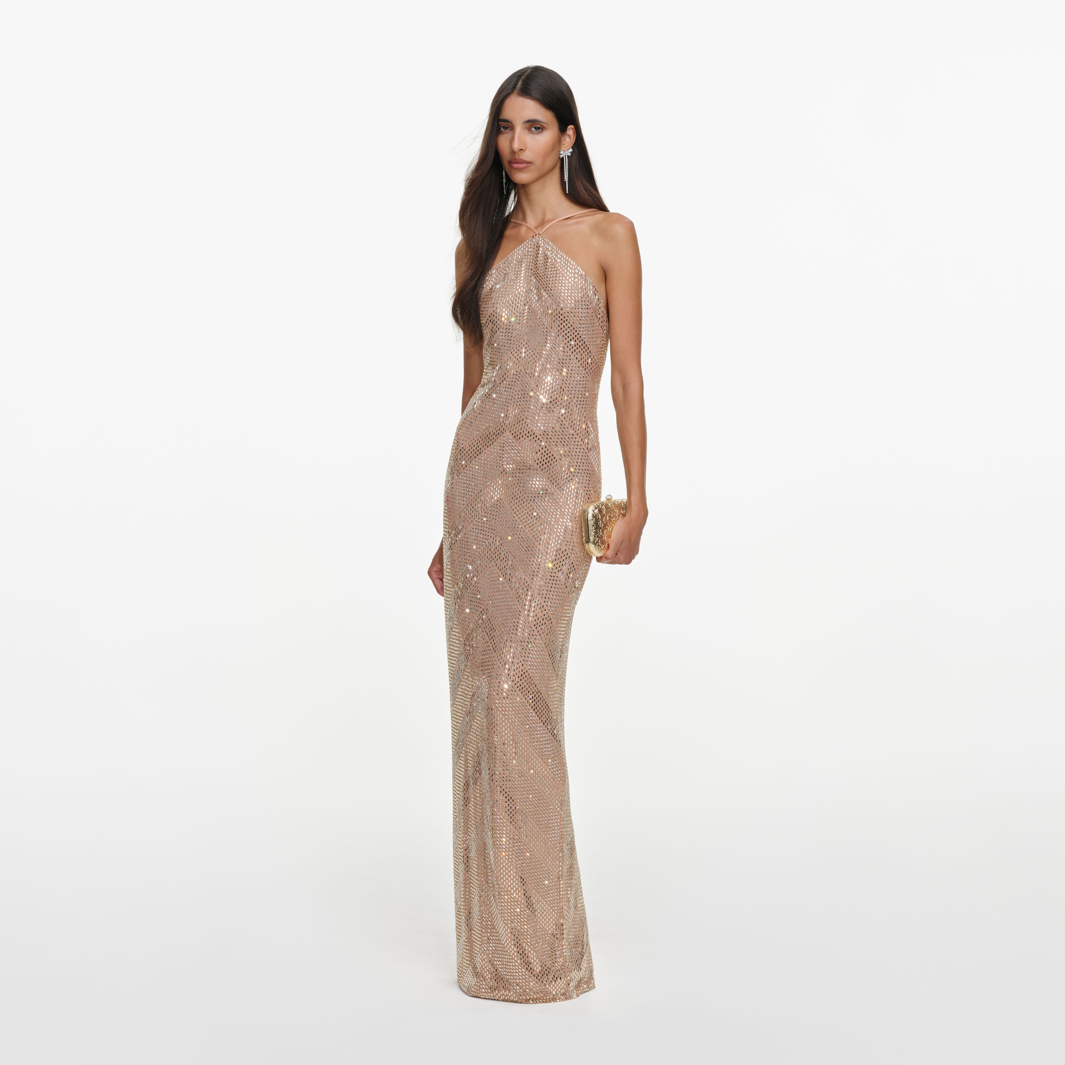 Champagne Chevron Rhinestone Halterneck Maxi Dress