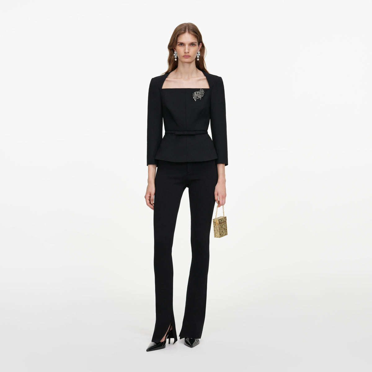 Black Tailored Brooch Top