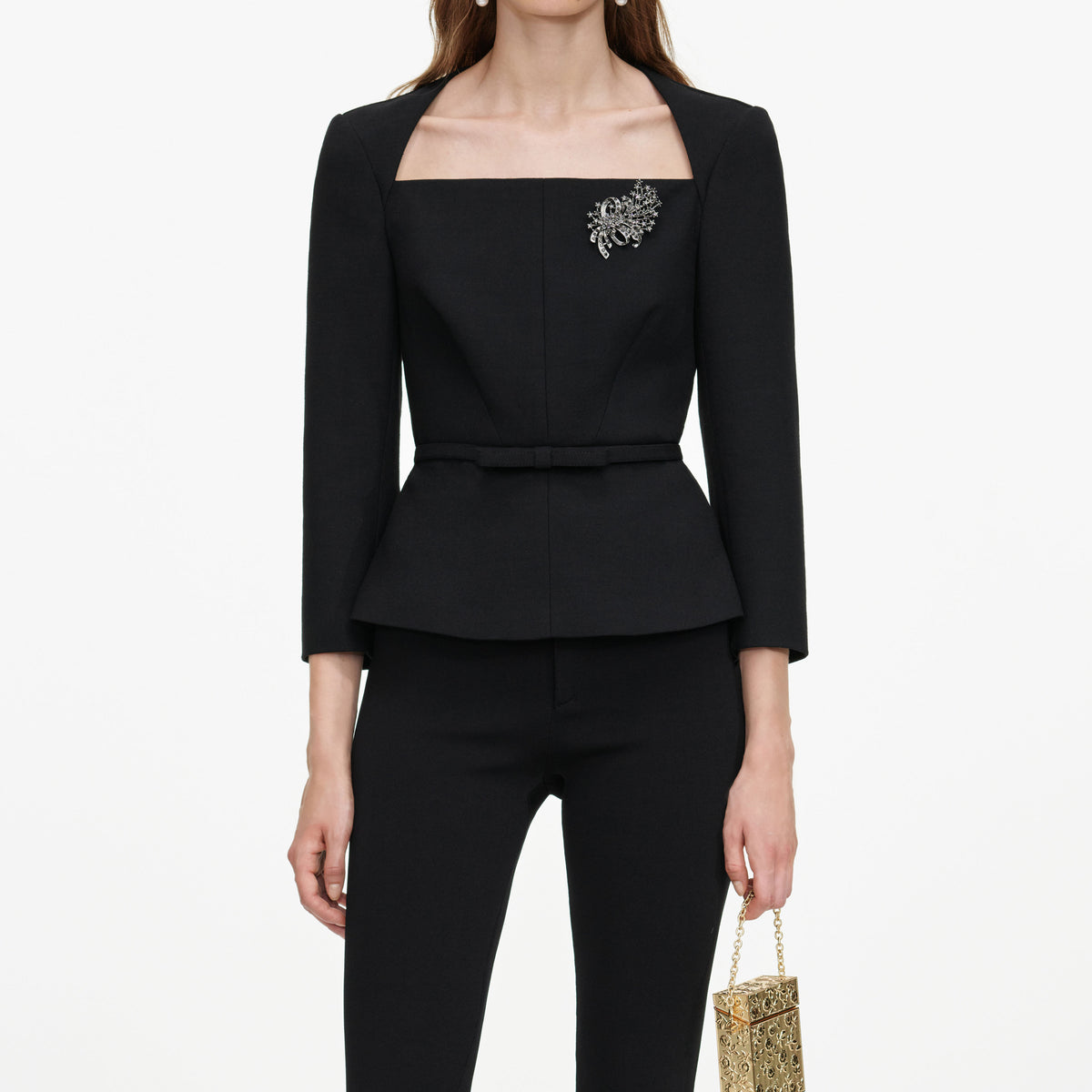 Black Tailored Brooch Top
