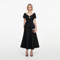 Black Tinsel Boucle Brooch Midi Dress